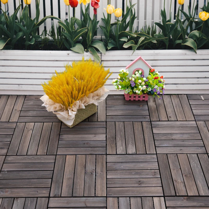 Outsunny 27 Pcs Interlocking Decking Tiles - Solid Wood for Patio, Balcony, Roof Terrace, Hot Tub - Black (30 x 30 cm Per Piece) - ALL4U RETAILER LTD