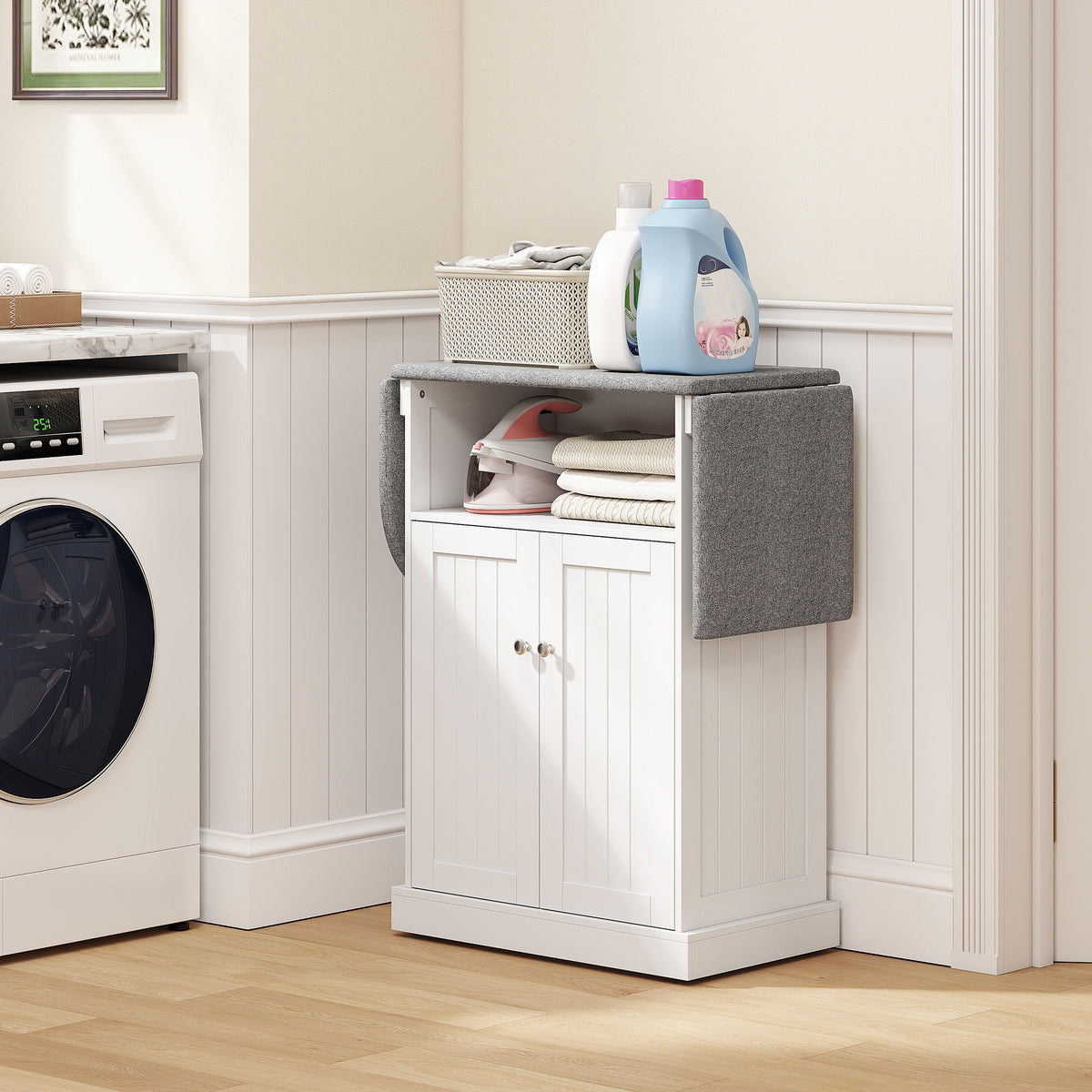 HOMCOM Mobile Ironing Board Cabinet on Wheels with Foldable Top and Storage