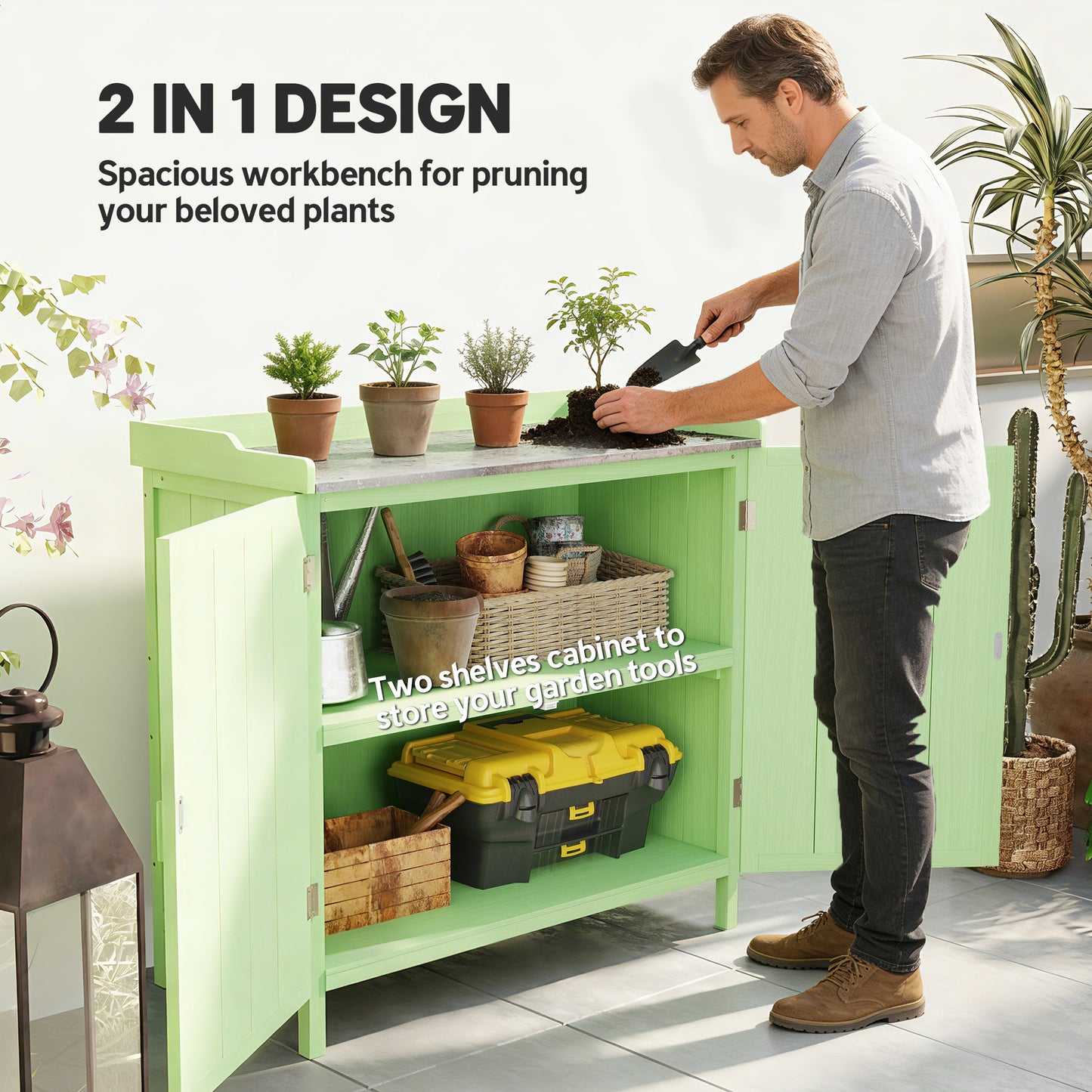 Outsunny Wood Garden Storage Cabinet Potting Bench With Galvanised Top And Two Shelves For Garden Tools And Pool Accessories Green