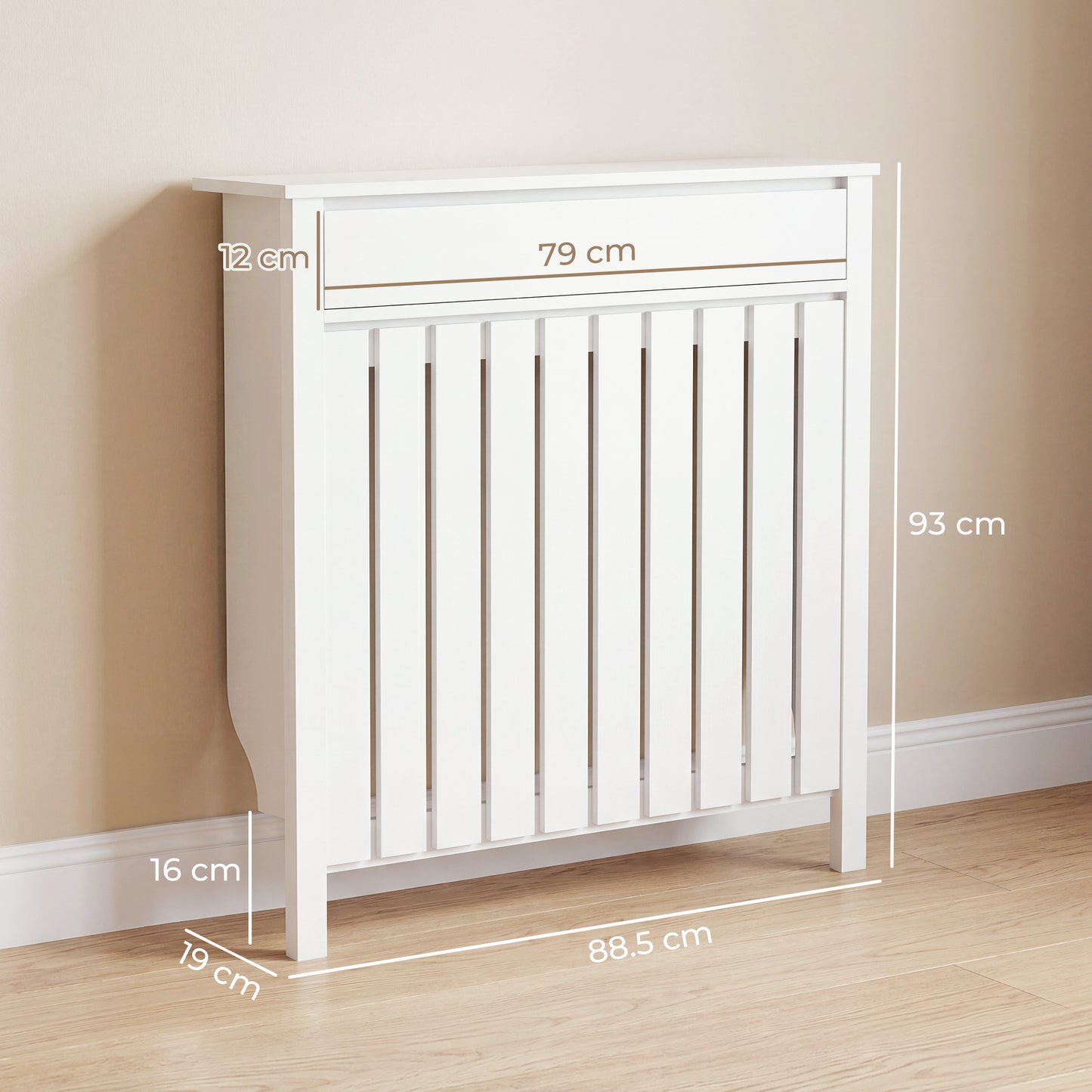 HOMCOM 93 x 88.5cm Rustic White Radiator Cover MDF Slatted Slim Design for Safe Heating