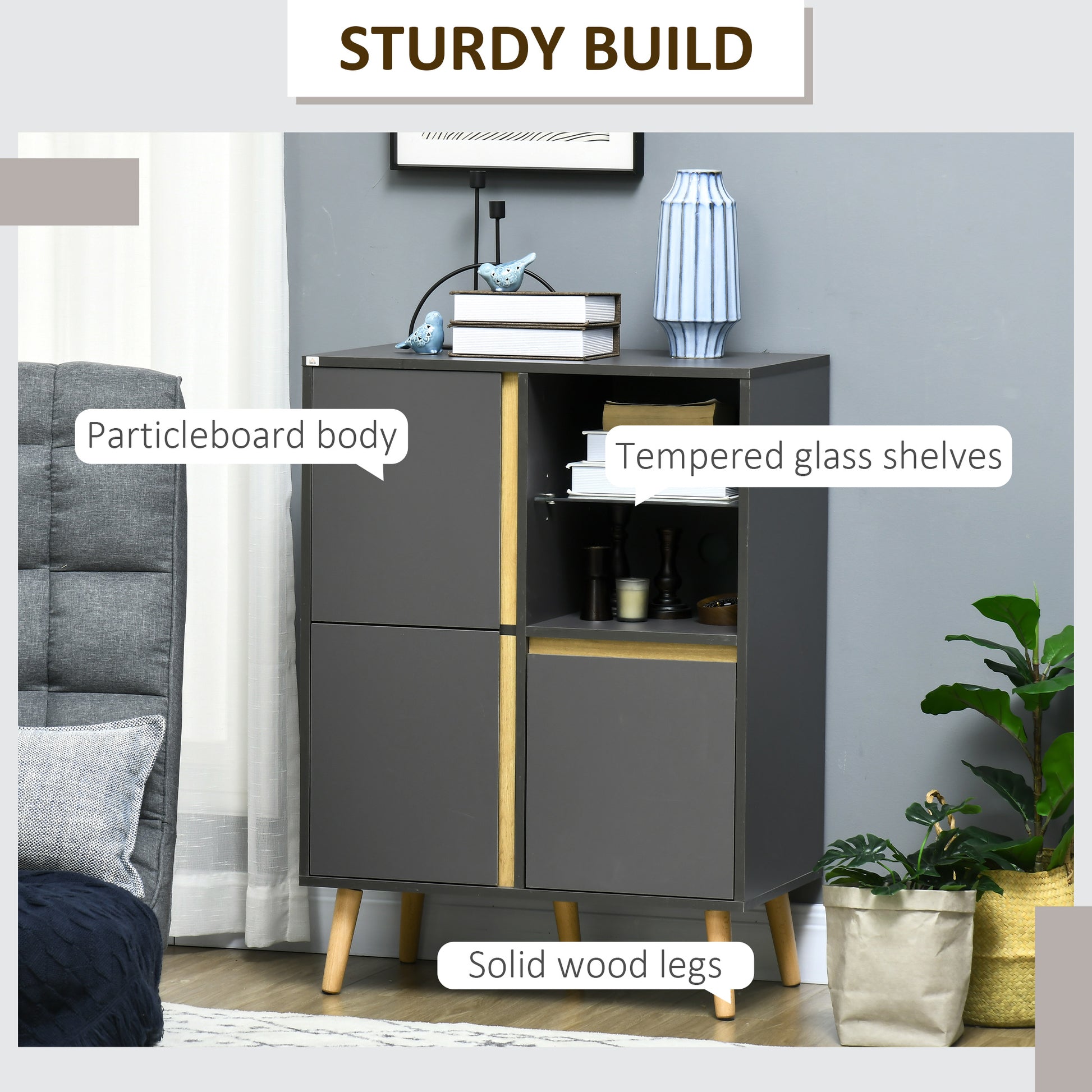 HOMCOM Storage Cabinet Sideboard Tempered Glass Adjustable Shelves Solid Wood Legs - ALL4U RETAILER LTD