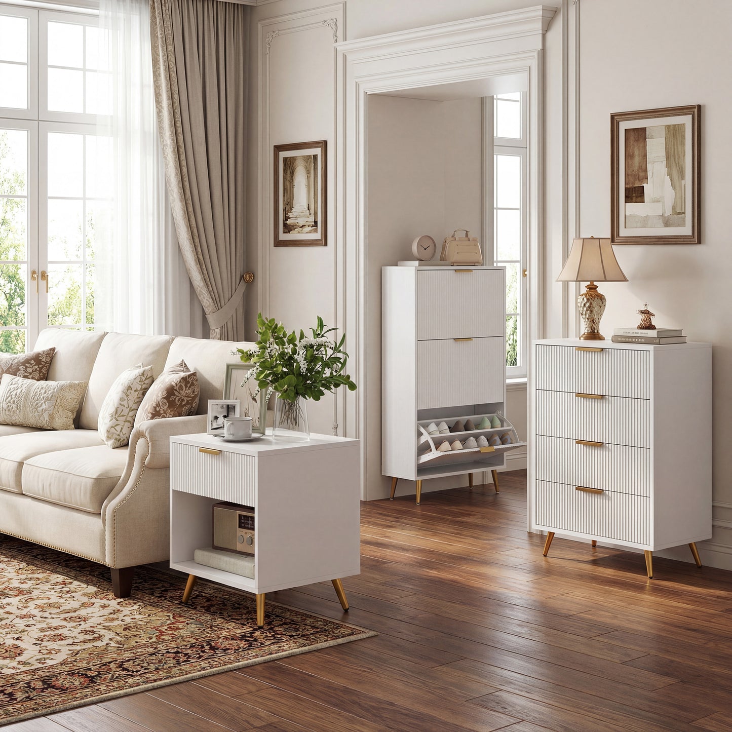 HOMCOM Elegant Three Drawer White Shoe Cabinet With Ridged Doors And Gold Accents