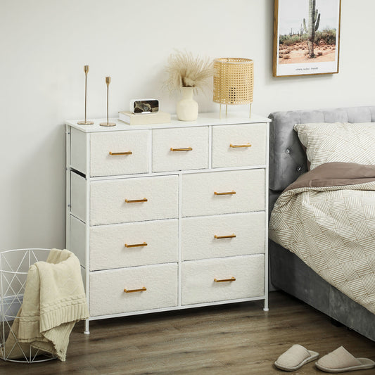 HOMCOM Chest Of Drawers With 9 Fabric Drawers Boucle Storage Organizer Steel Frame Cream White Dresser For Bedroom