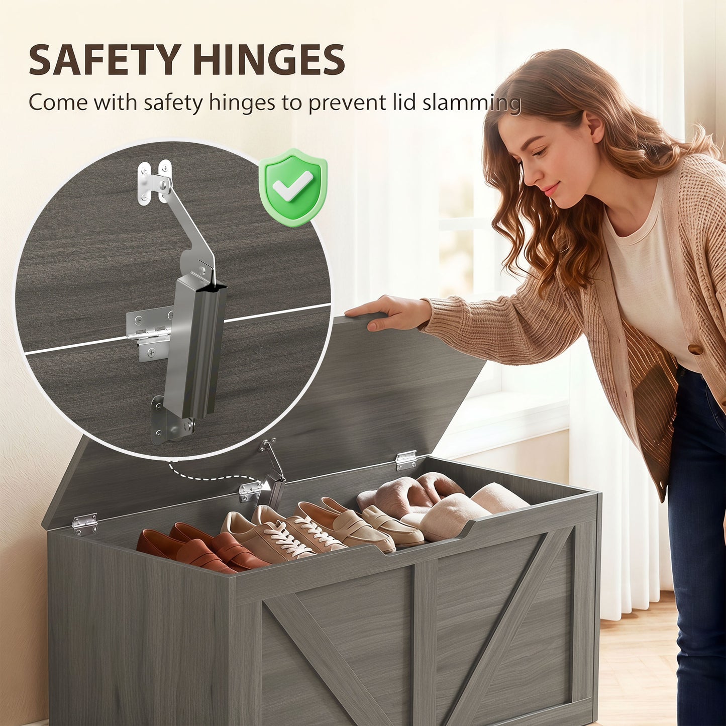 HOMCOM 100L Storage Trunk With Safety Hinge Flat Lid For Seating Dark Grey Wood Effect