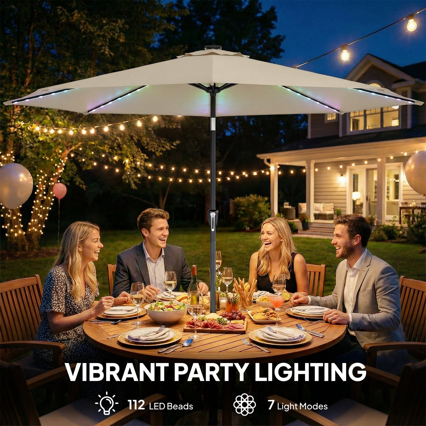 Outsunny 3 Meter Garden Parasol Umbrella With 112 Solar Powered LED Lights And USB Charging Crank Handle Beige