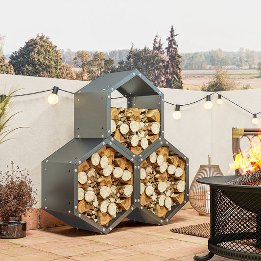 Hexagon Three-Tier Metal Firewood Storage Rack - Grey by Outsunny | Aosom UK - ALL4U RETAILER LTD