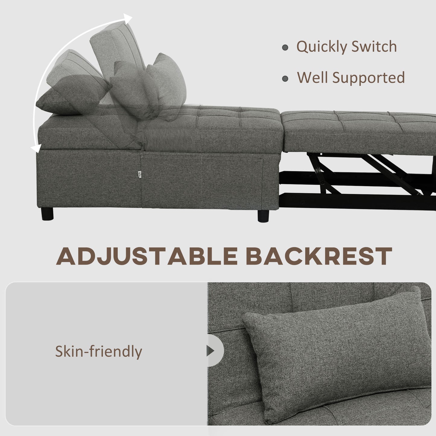 HOMCOM Four In One Sleeper Chair Bed With Recliner Chaise Lounge And Footrest 182cm Grey