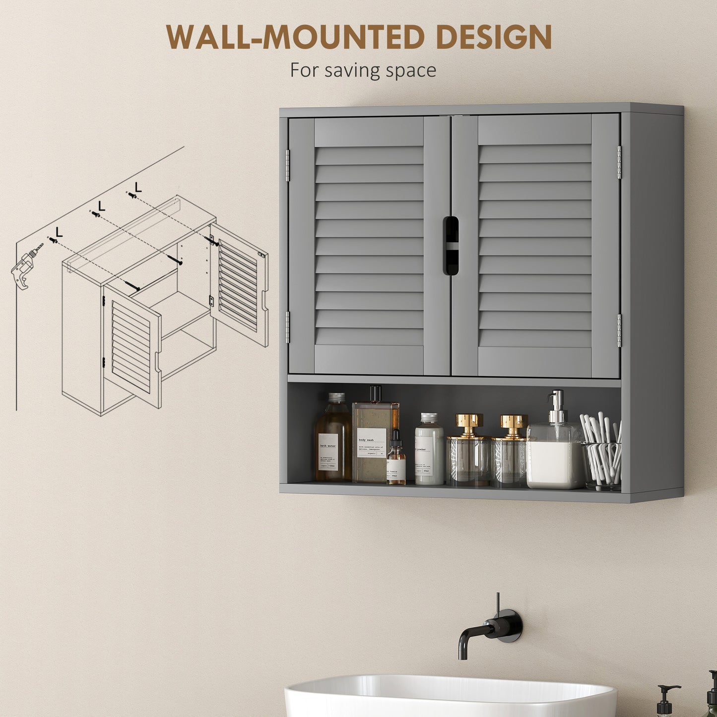 HOMCOM Wall Mounted Bathroom Cabinet With Adjustable Shelves Grey 60 x 20 x 60 cm