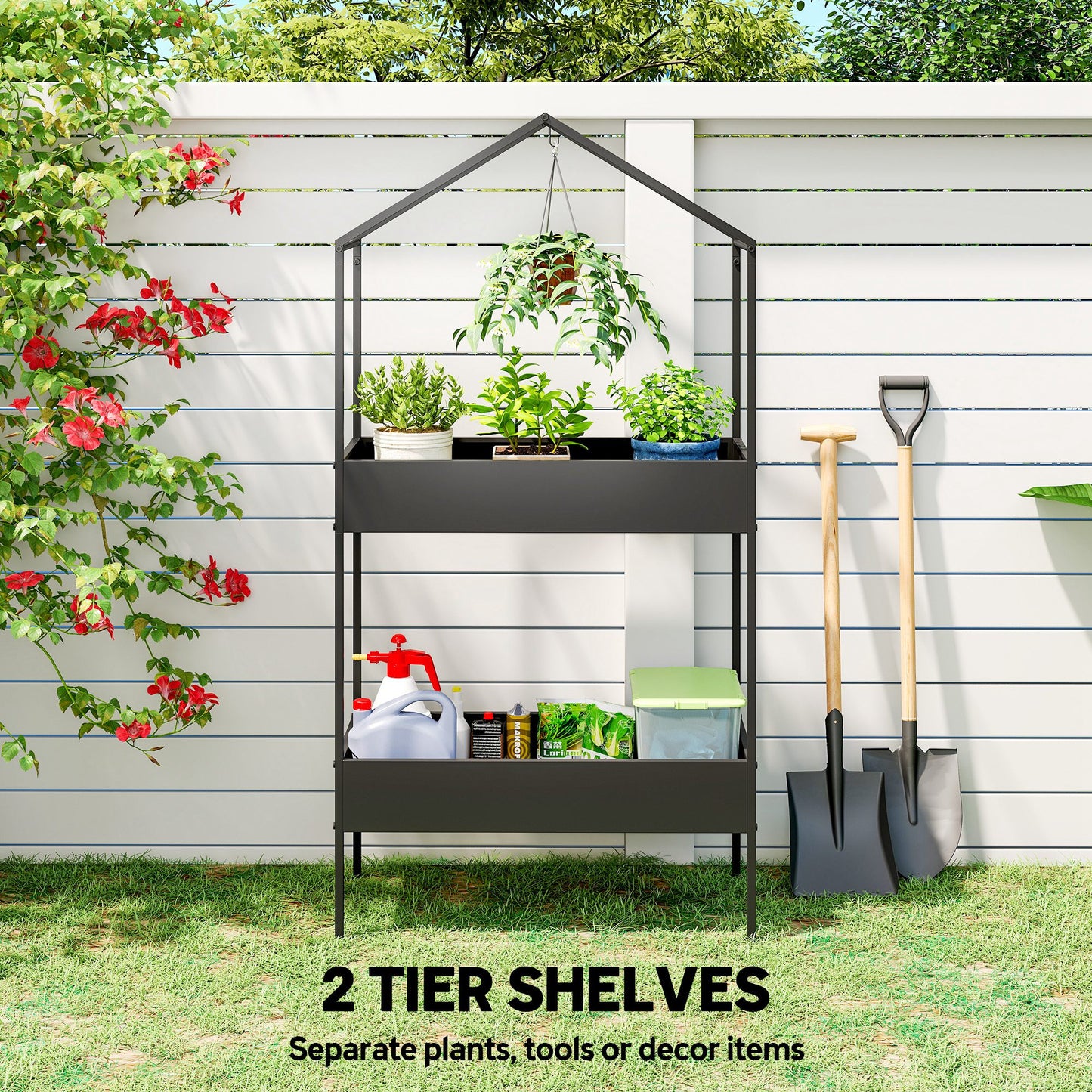 Outsunny 2 Tier Plant Stand With Hook Outdoor Indoor Metal Display Rack House Shaped Pots Holder Black