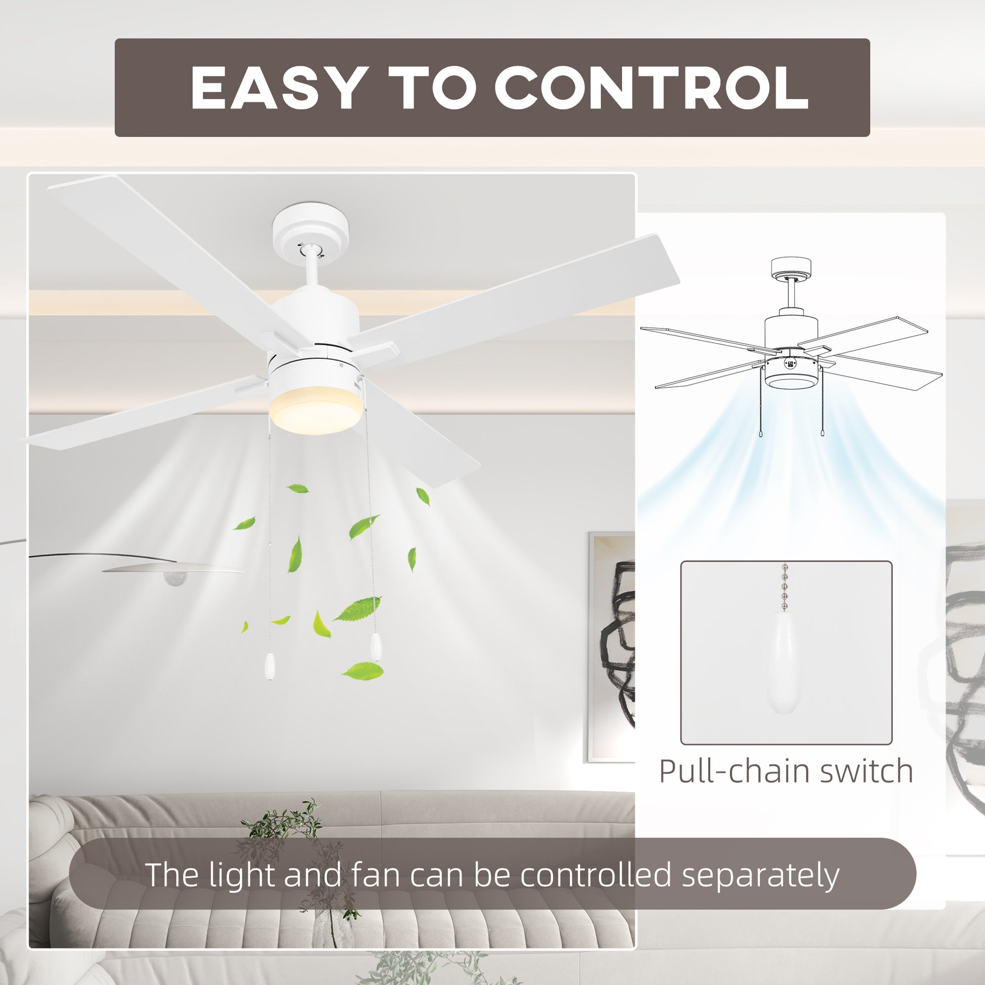 HOMCOM LED Ceiling Fan with Reversible Blades and Pull-Chain Control, White and Natural Tone Flush Mount Light Fixture - ALL4U RETAILER LTD