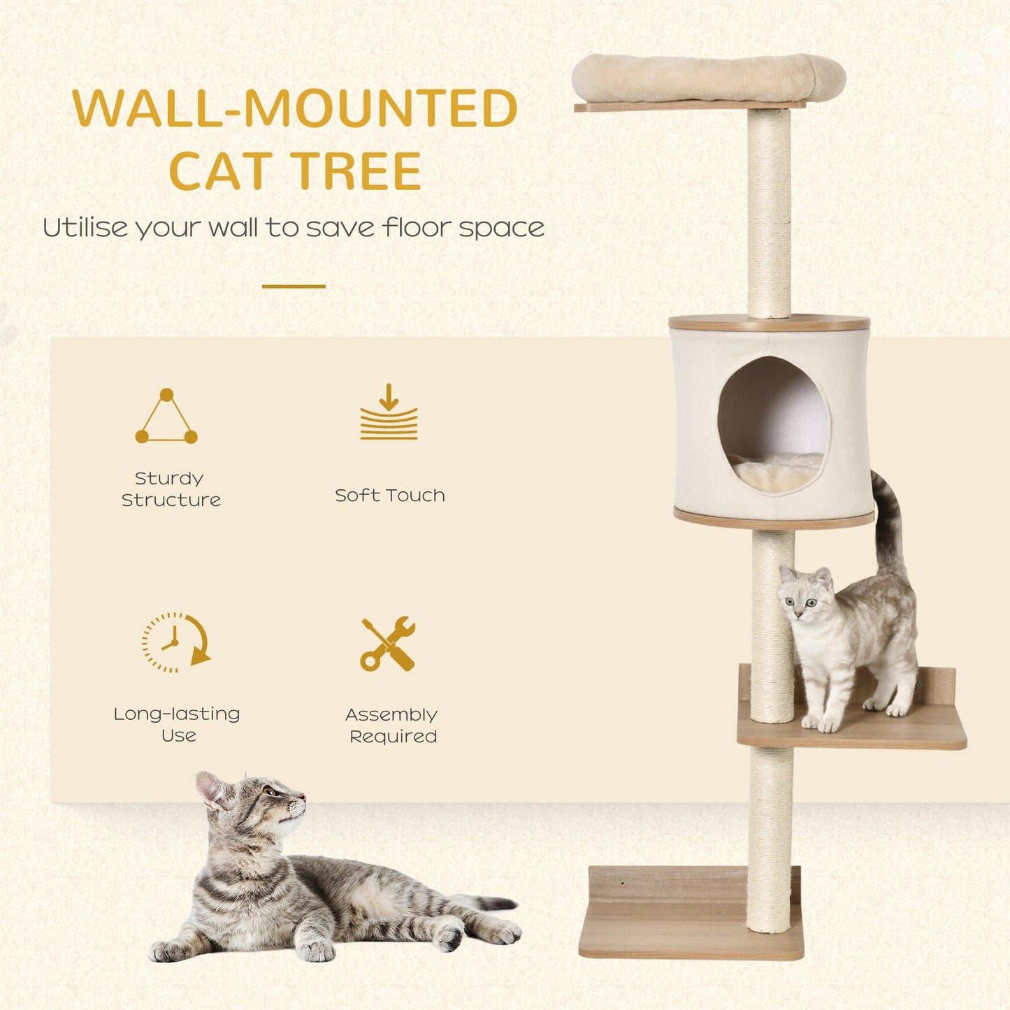 PawHut Wall-Mounted Cat Tree Condo Bed Scratching Post - Beige - ALL4U RETAILER LTD