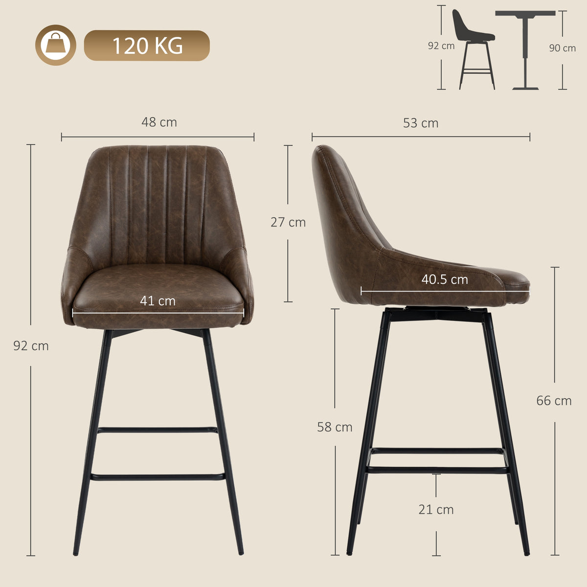Dark brown counter-height bar stool with labeled size diagram and black metal frame