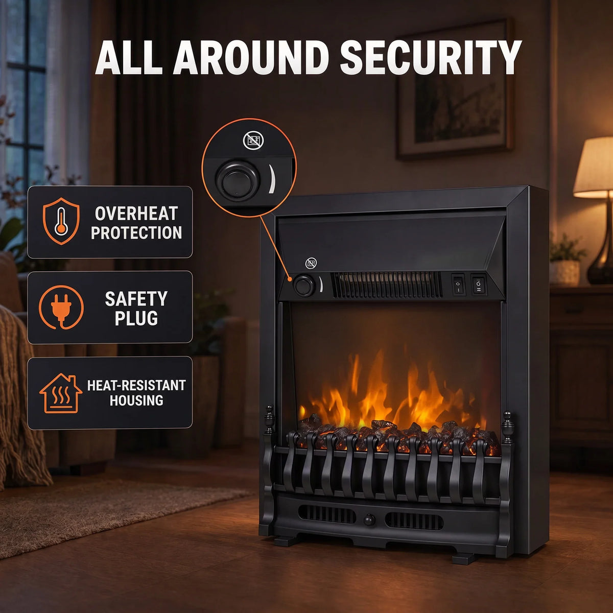 Black electric fireplace stove with thermostat knob and safety-protection features