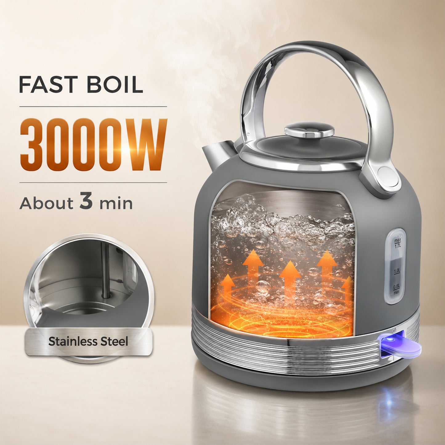 HOMCOM Grey Kettle And Toaster Set 1.7L Fast Boil 3000W 4 Slice Cordless Stainless