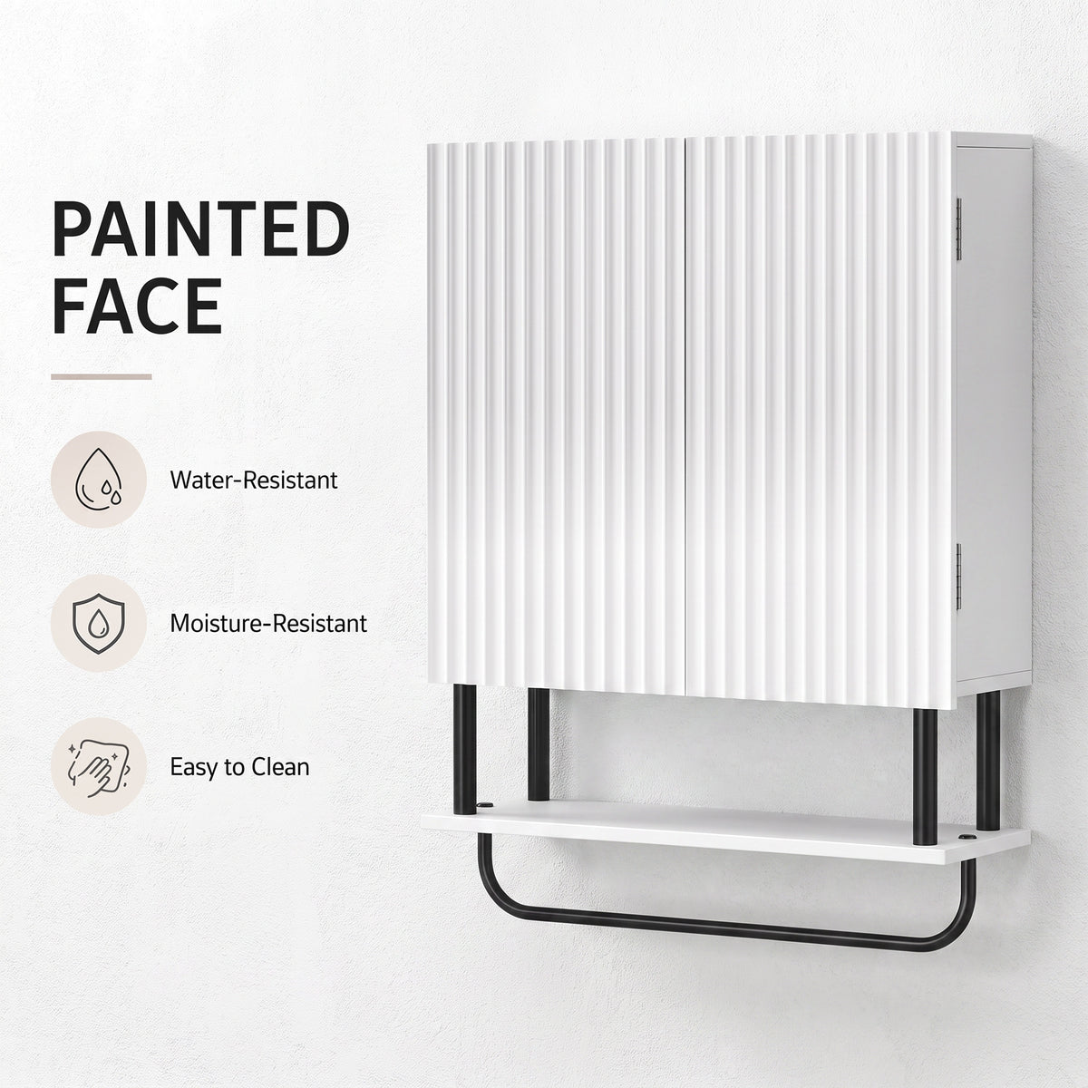 White bathroom wall cabinet with ribbed door on black supports and open shelf with towel bar