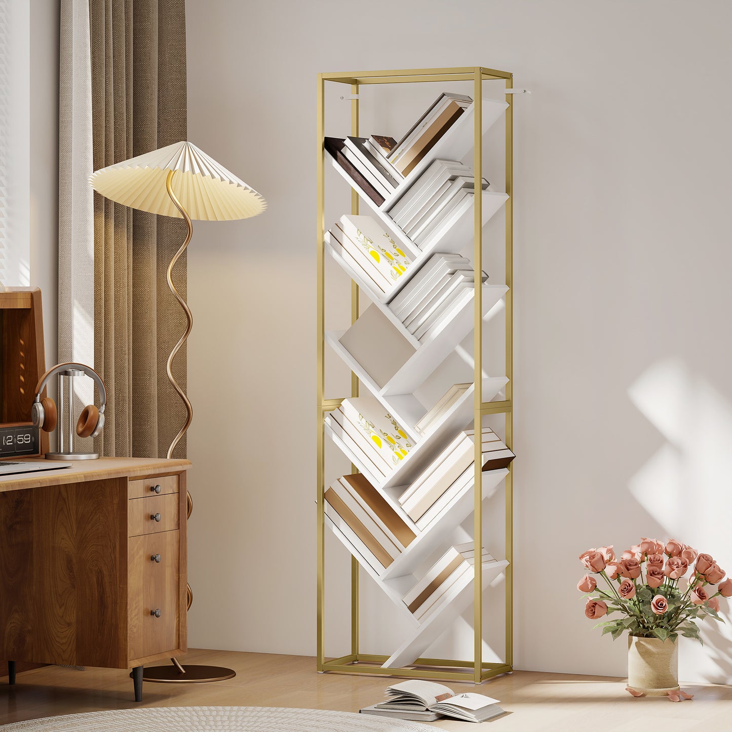 HOMCOM 10 Shelf Modern Style Tree Bookshelf Gold Tone White Tall 170 cm Space Saving Floor Standing