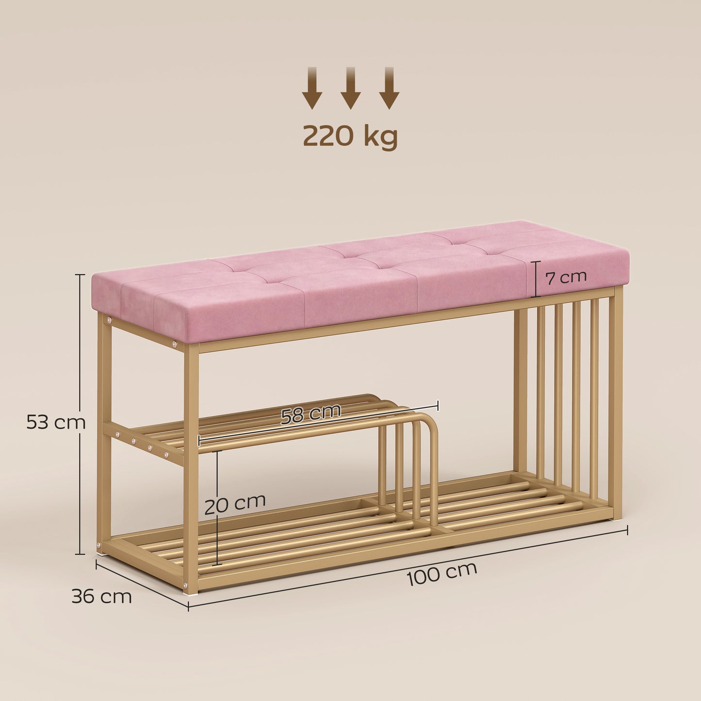HOMCOM Tufted Shoe Storage Bench With Velvet Seat Pink And Gold Steel Frame For Entryway Holds Eight Pairs