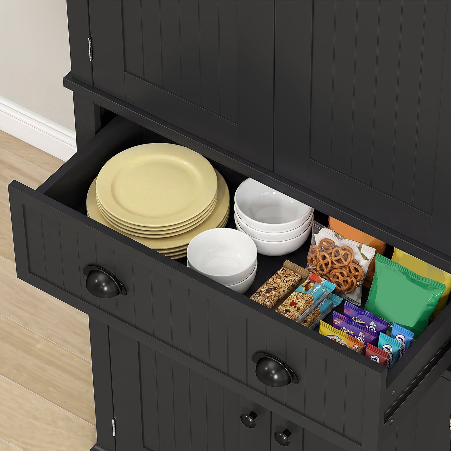 HOMCOM Kitchen Storage Cabinet with 4 Doors and Adjustable Shelves Tall Larder Pantry in Black MDF Construction