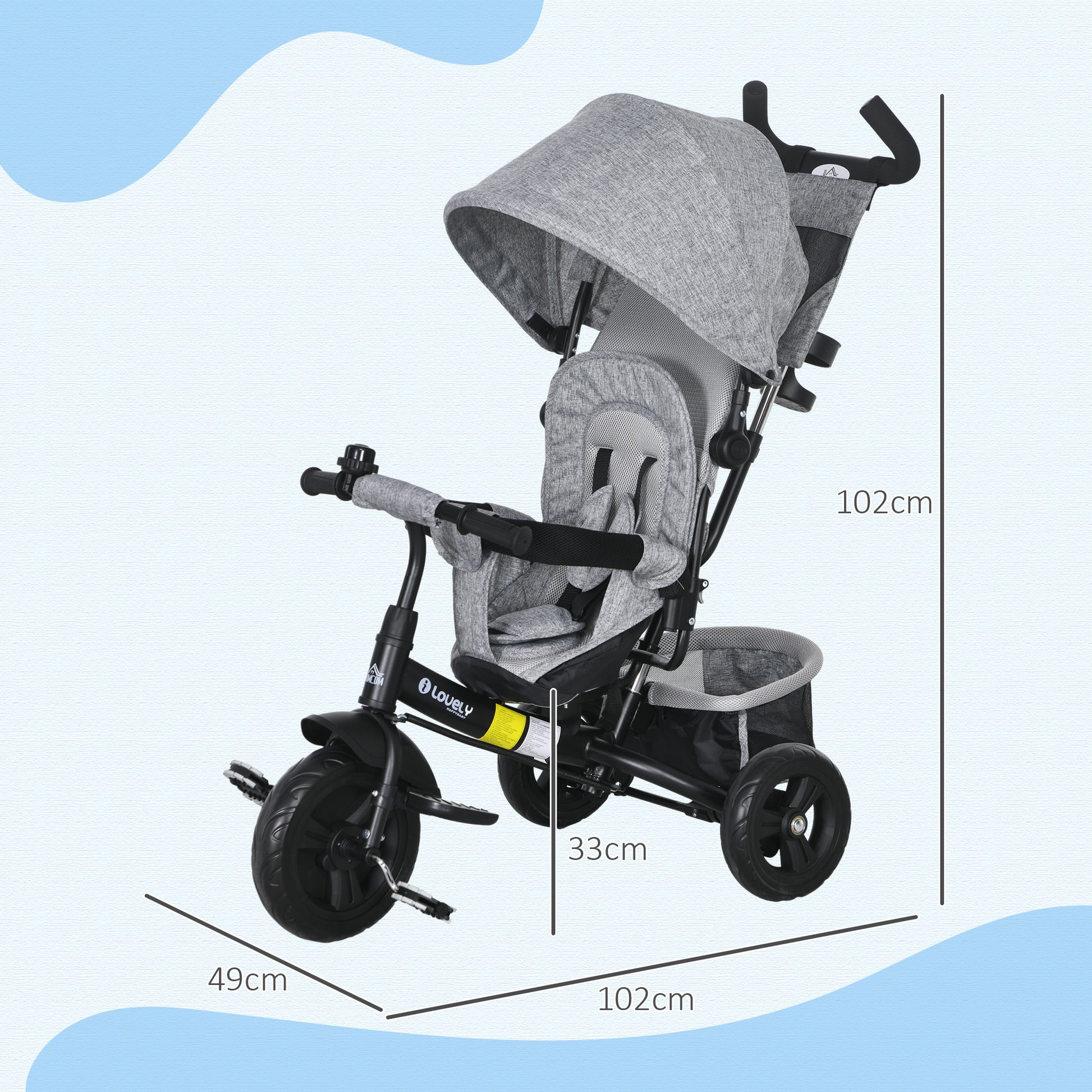 HOMCOM Transformable 4-in-1 Toddler Trike with Canopy, Push Handle, and Safety Features for Ages 1-5 - Grey - ALL4U RETAILER LTD