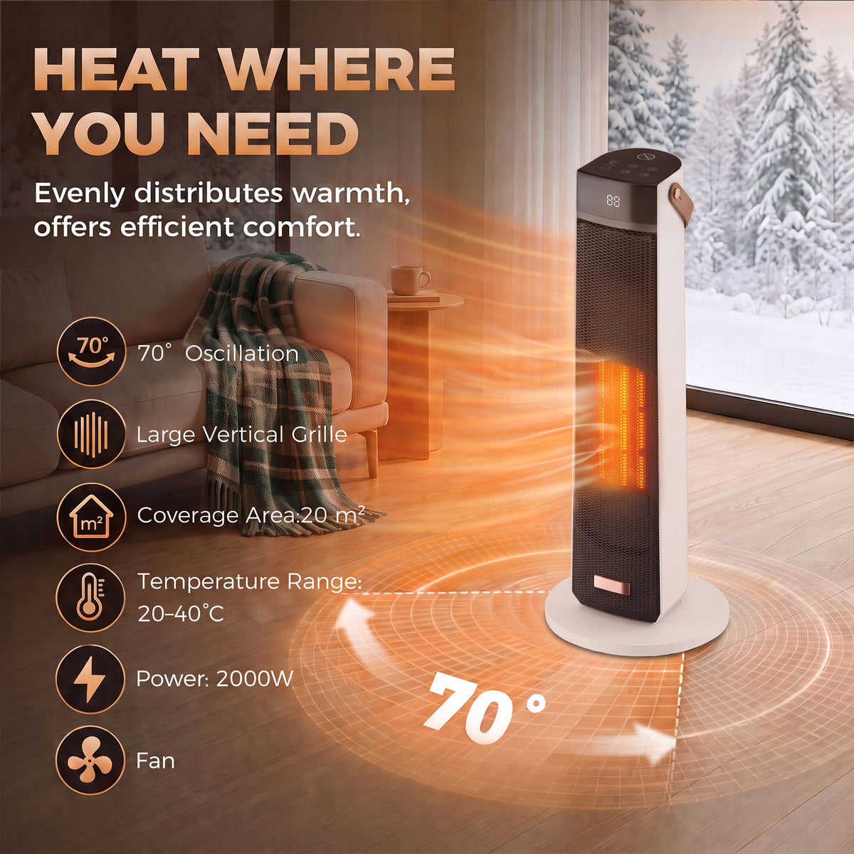 Portable ceramic tower heater with flame-effect glow on floor near window view