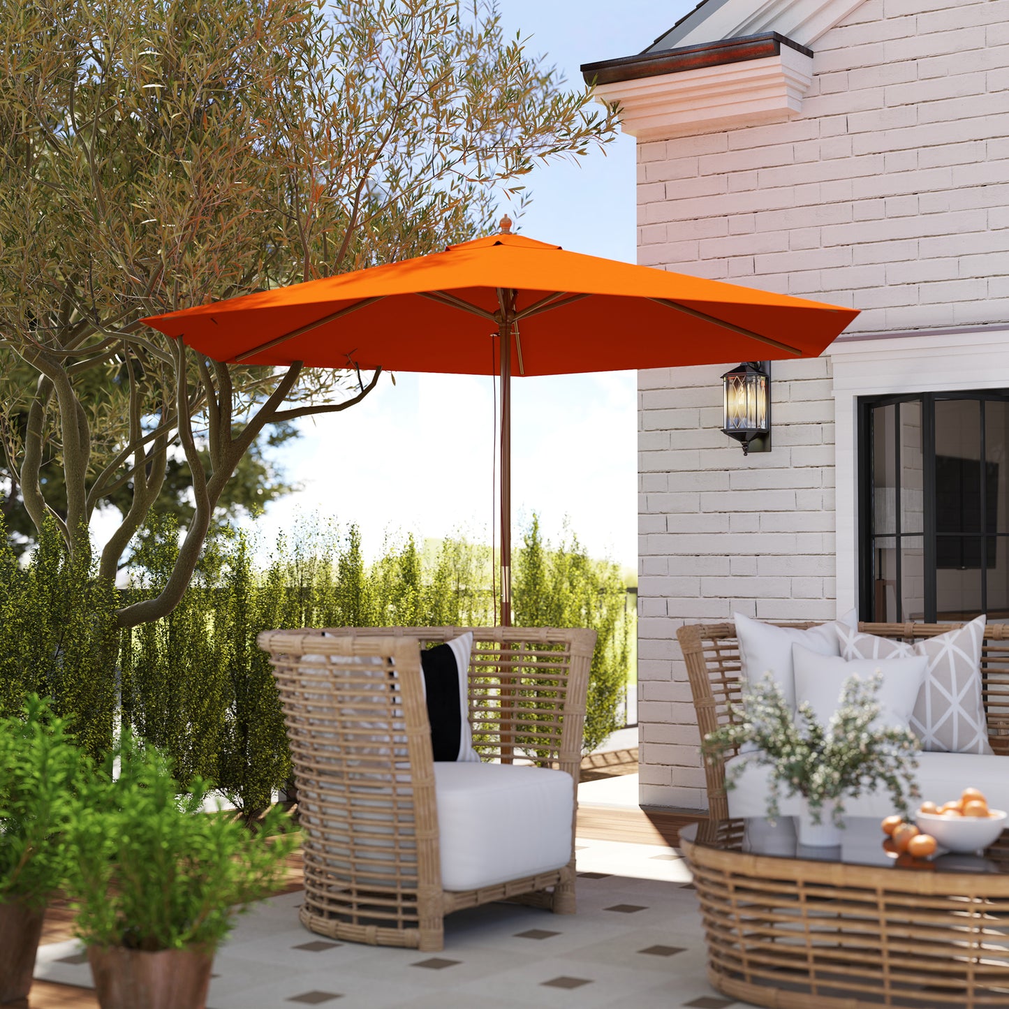 Outsunny 2.5m Wood Garden Parasol Sun Shade Patio Umbrella With Vent And Rope Pulley Mechanism 38mm Pole Orange