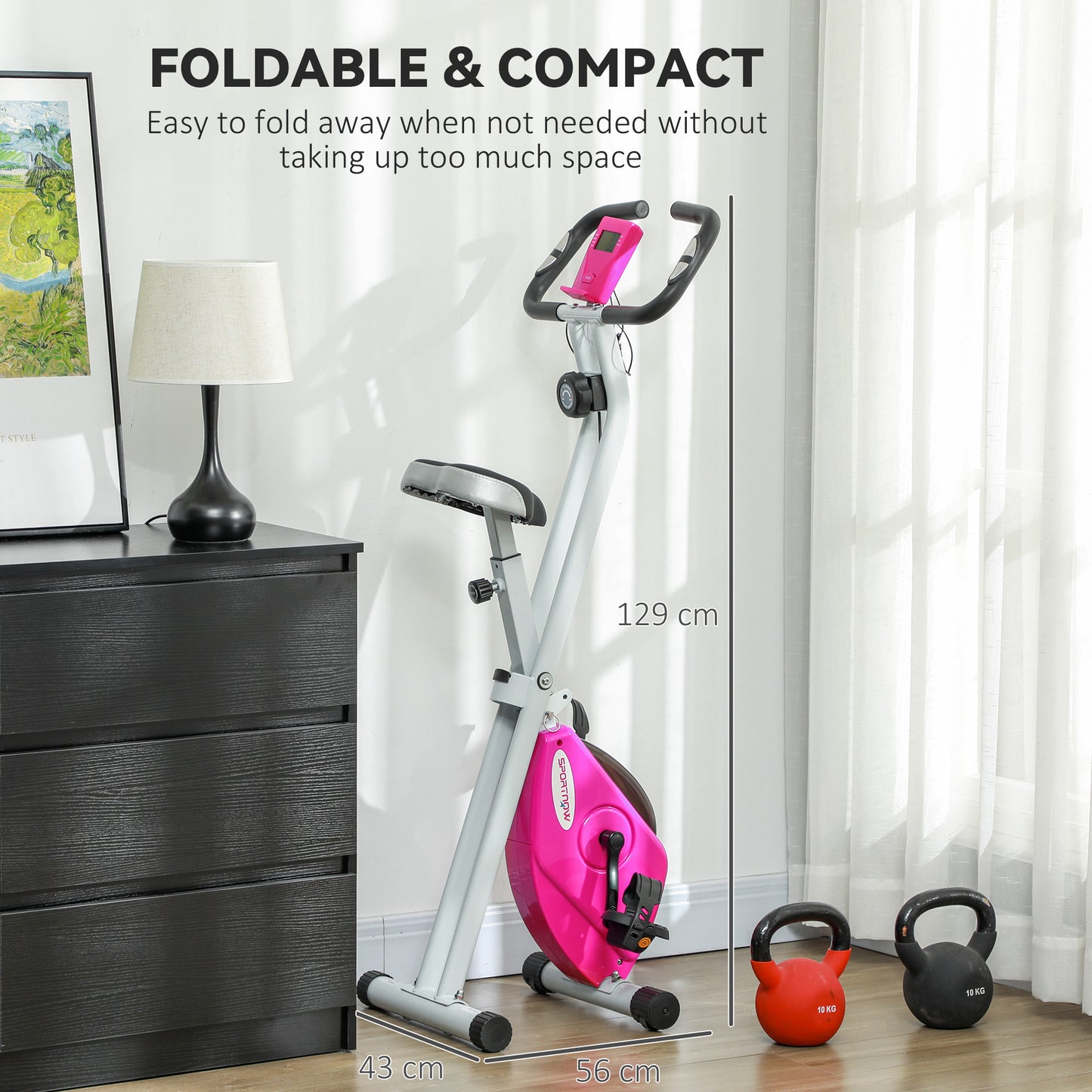 Folding Quiet Exercise Bike with Adjustable Resistance and Heart Rate Monitor for Home Use - Pink and White - ALL4U RETAILER LTD