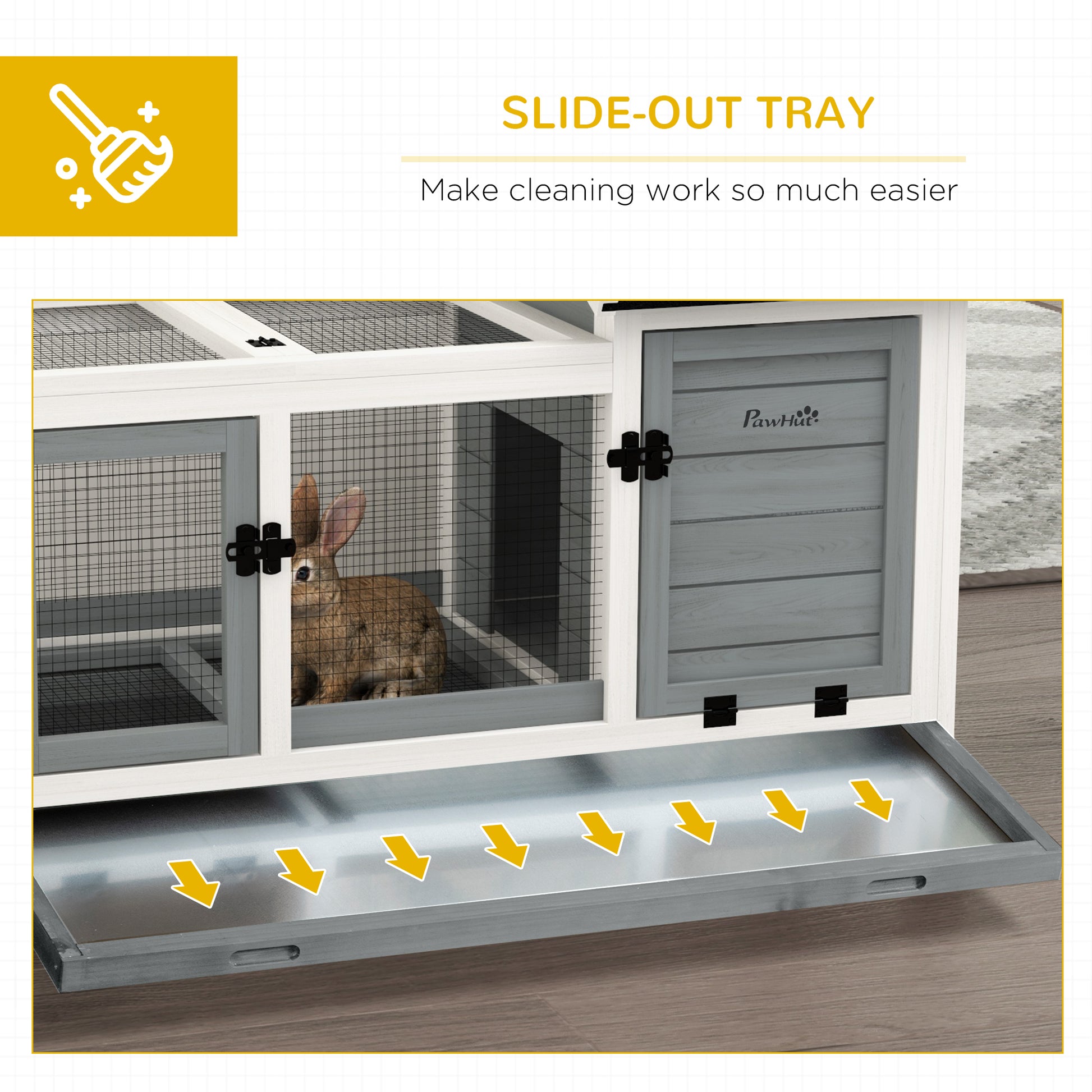 PawHut Wooden Rabbit Hutch Guinea Pig Cage Removable Tray Wheels Grey - ALL4U RETAILER LTD