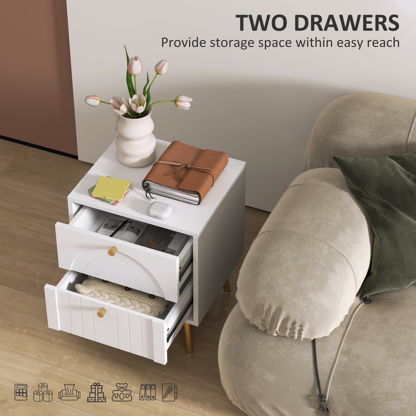 HOMCOM 2 Drawer Bedside Table Set of 2 White Nightstands With Gold Tone Pulls and Legs