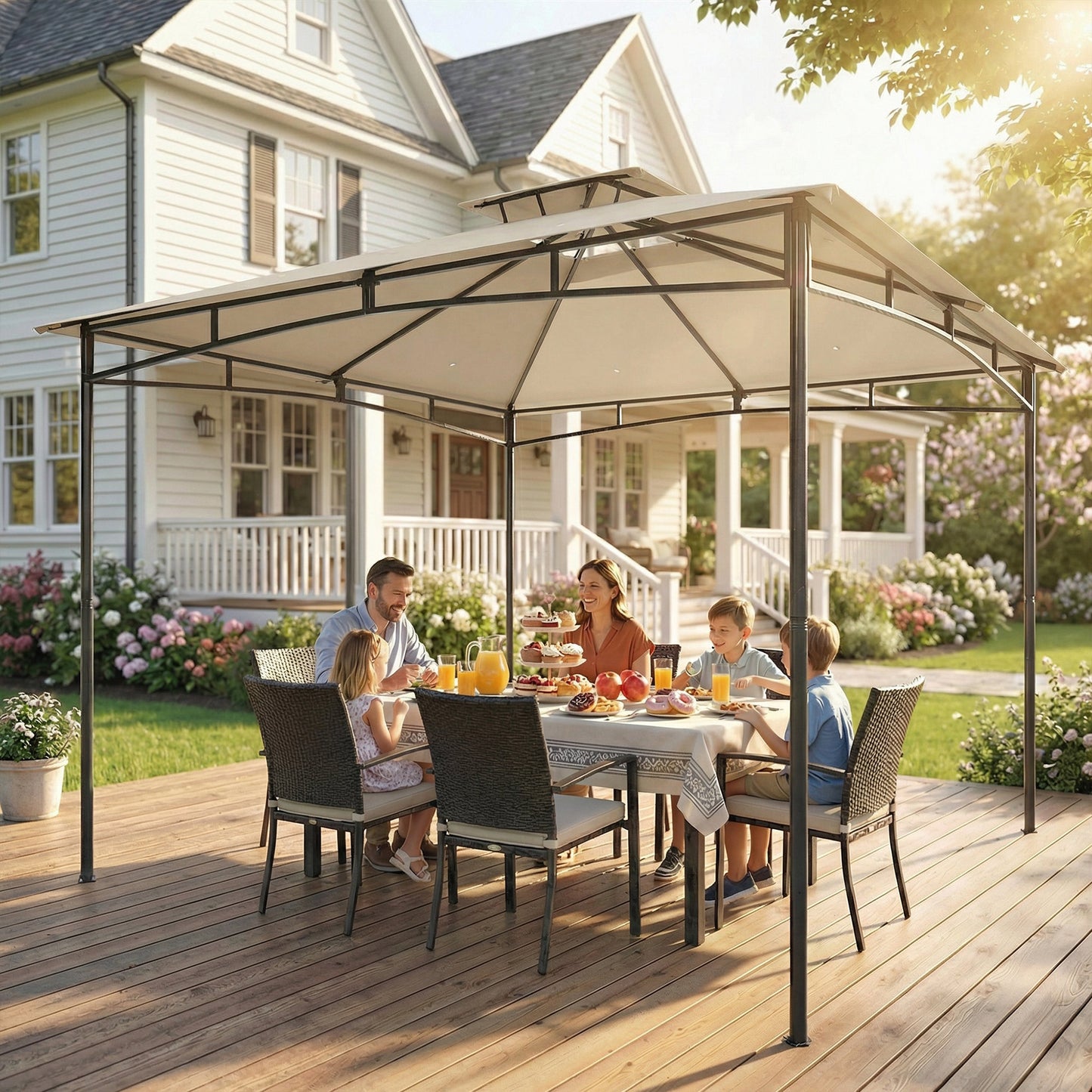 Outsunny 3 x 3 m Gazebo With 2 Tier Roof Khaki Powder Coated Metal Frame Weatherproof 180 GSM Polyester