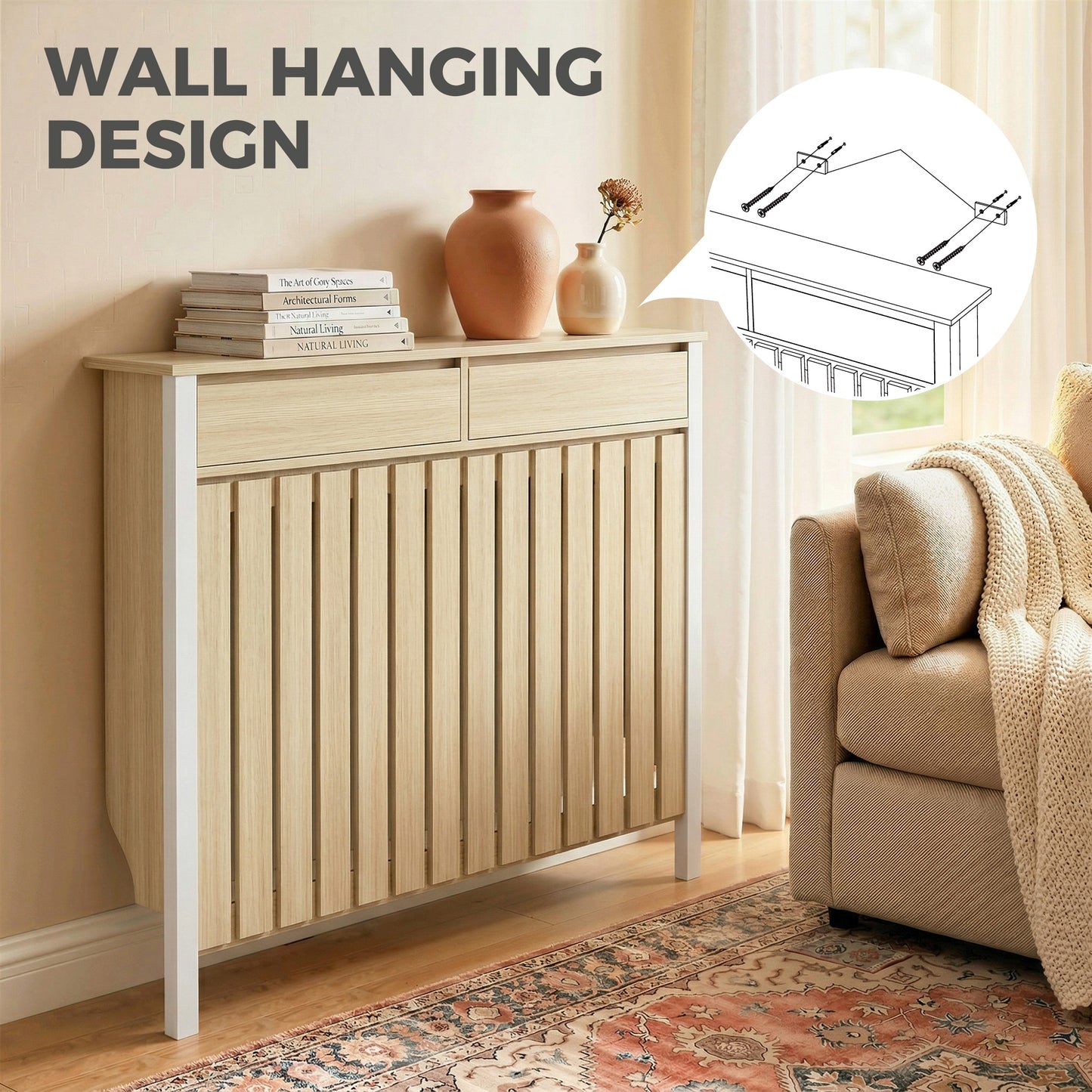 HOMCOM 93 X 119 Cm Rustic Look Slim Radiator Cover In White MDF With Two Top Drawers