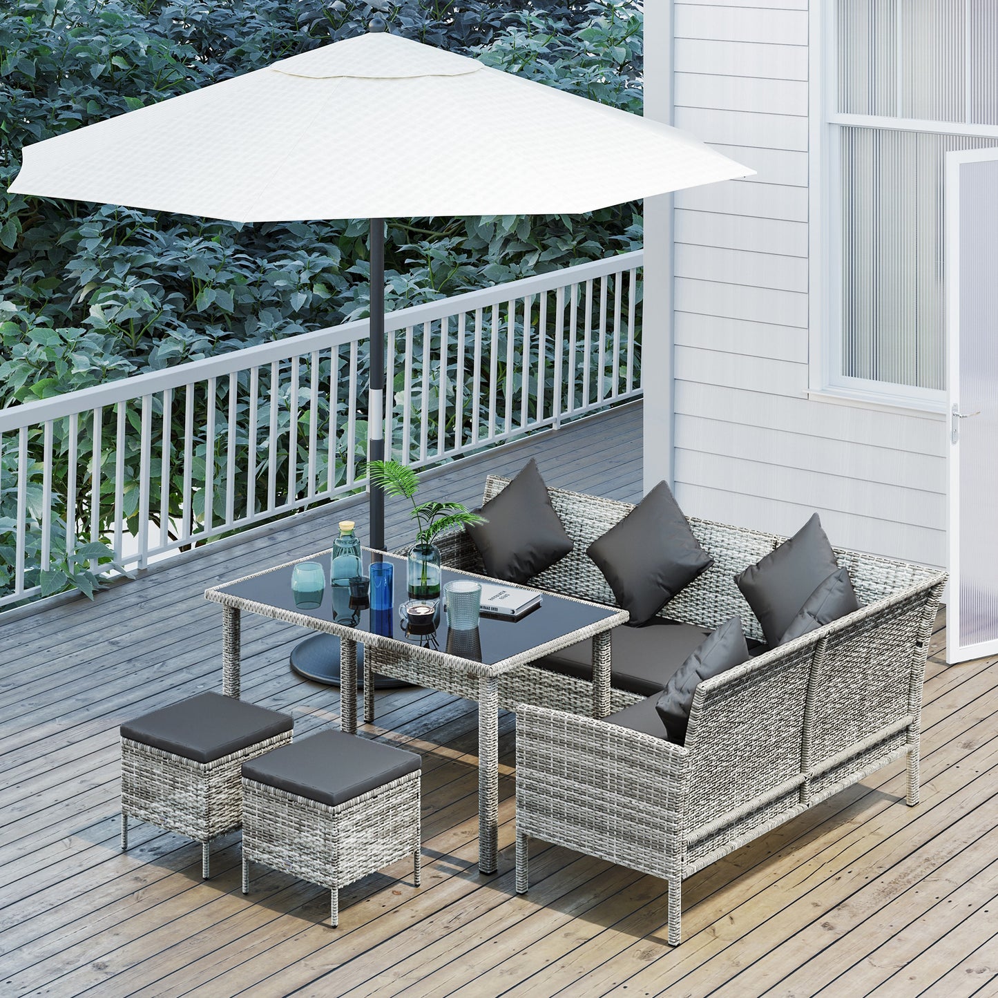 Outsunny 6 Seater Rattan Outdoor Garden Dining Set With Table Two 2-Seat Lounger Sofas Two Footstools Cushions Dark Grey