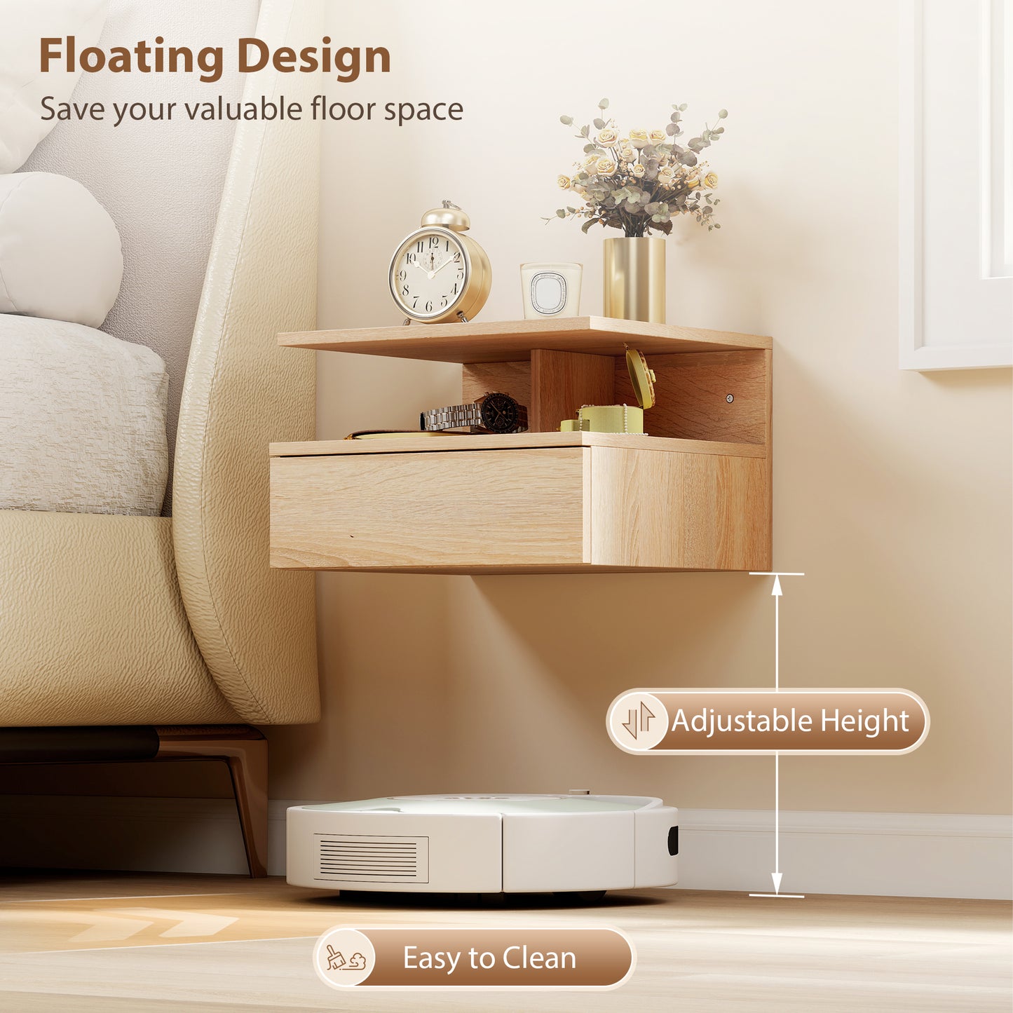 HOMCOM Set Of Two Floating Oak Bedside Tables With Drawers Open Shelf And Space Saving Design