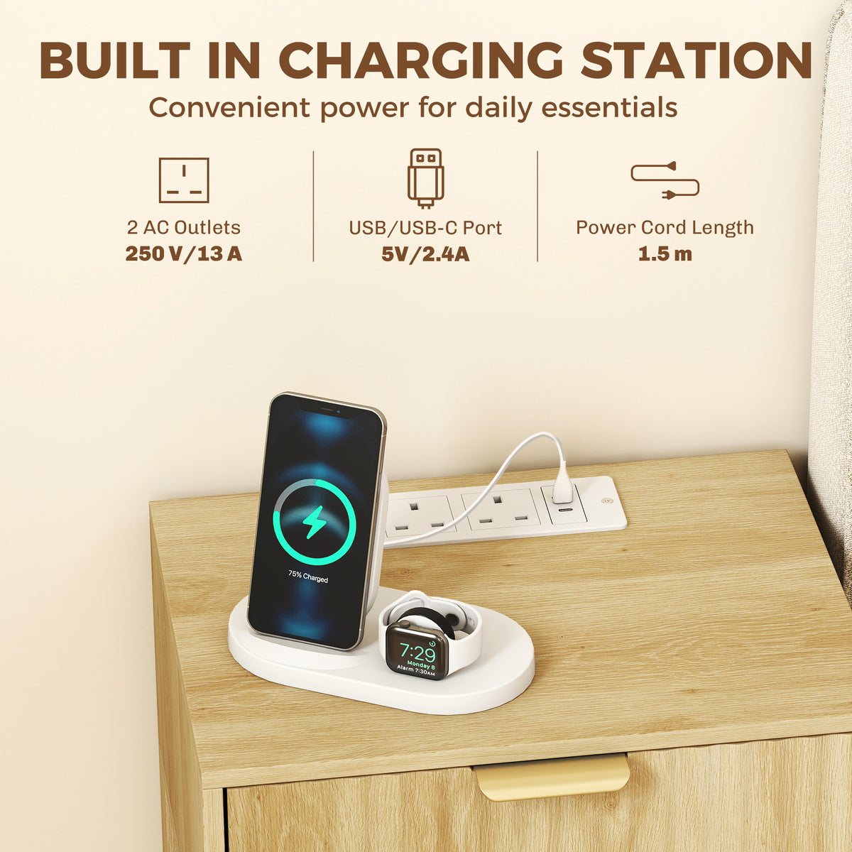 Oak nightstand top with built-in charging station for phone and devices