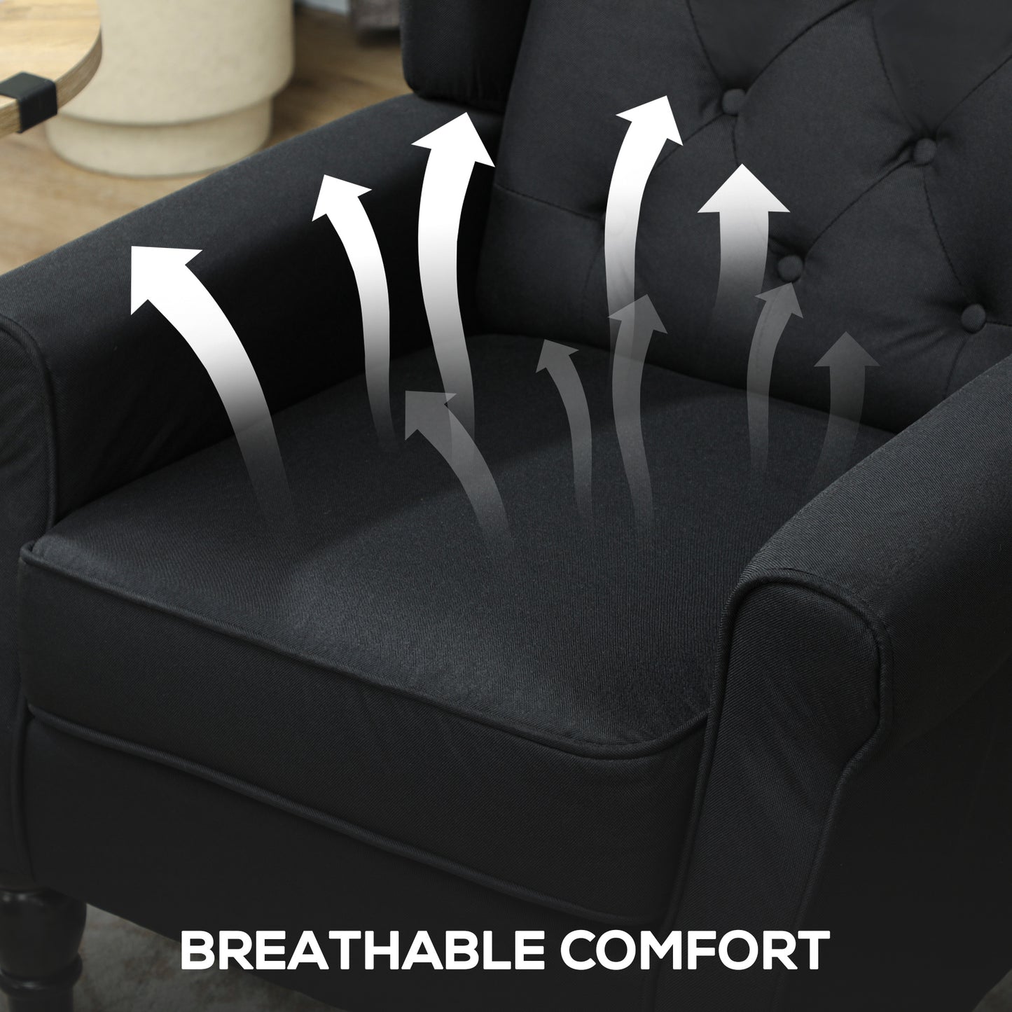 HOMCOM Retro Accent Chair Linen Wingback Armchair With Wood Frame Button Tufted Back For Living Room Bedroom Black