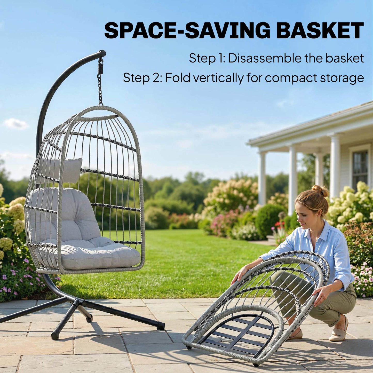 Outsunny Hanging Egg Chair With Stand Indoor Outdoor Hammock Swing Chair Safety Strap Foldable Basket Light Grey