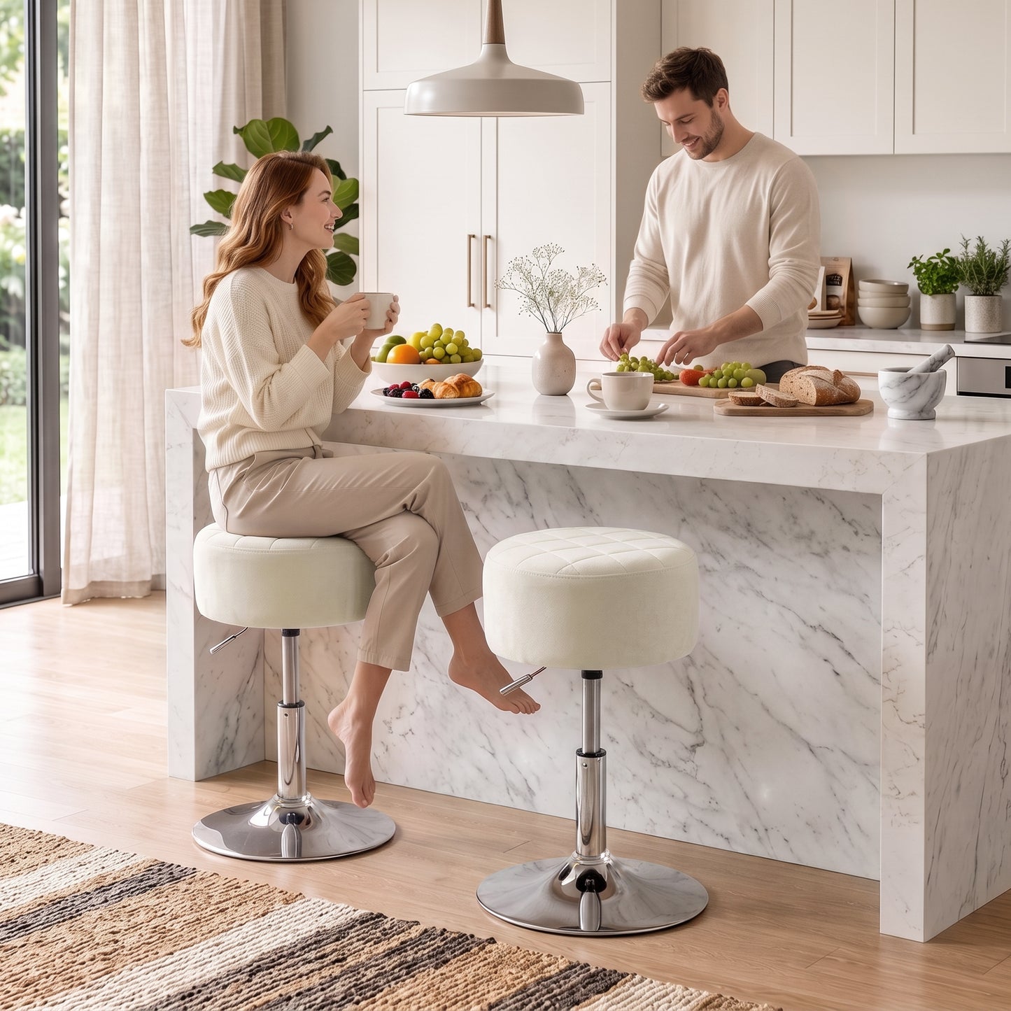 Homcom Adjustable Height Bar Stool Swivel Velvet Seat Kitchen Beige