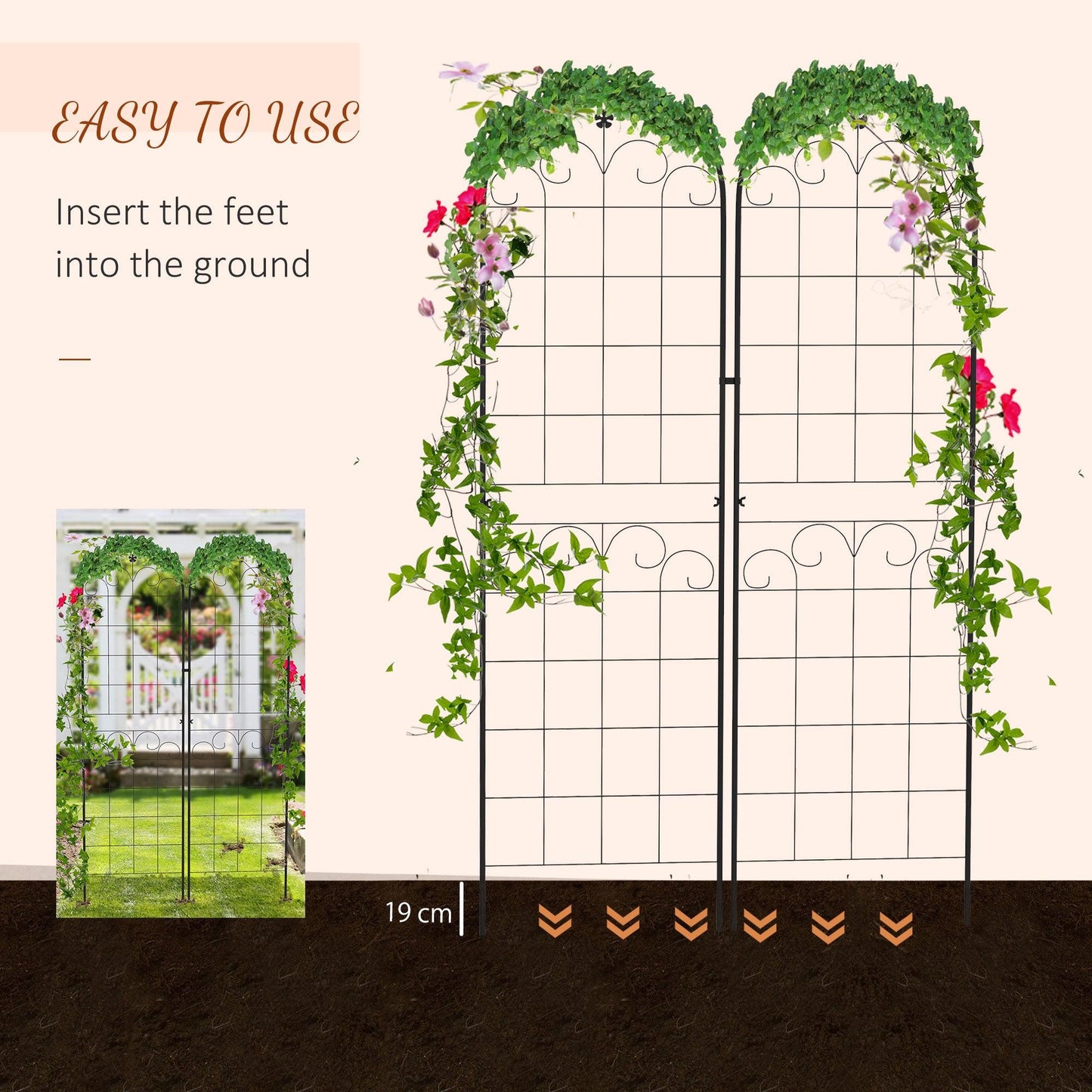 Outsunny Metal Trellis Set of 2, Garden Trellis for Climbing Plants Support Frames, Floral Design - ALL4U RETAILER LTD