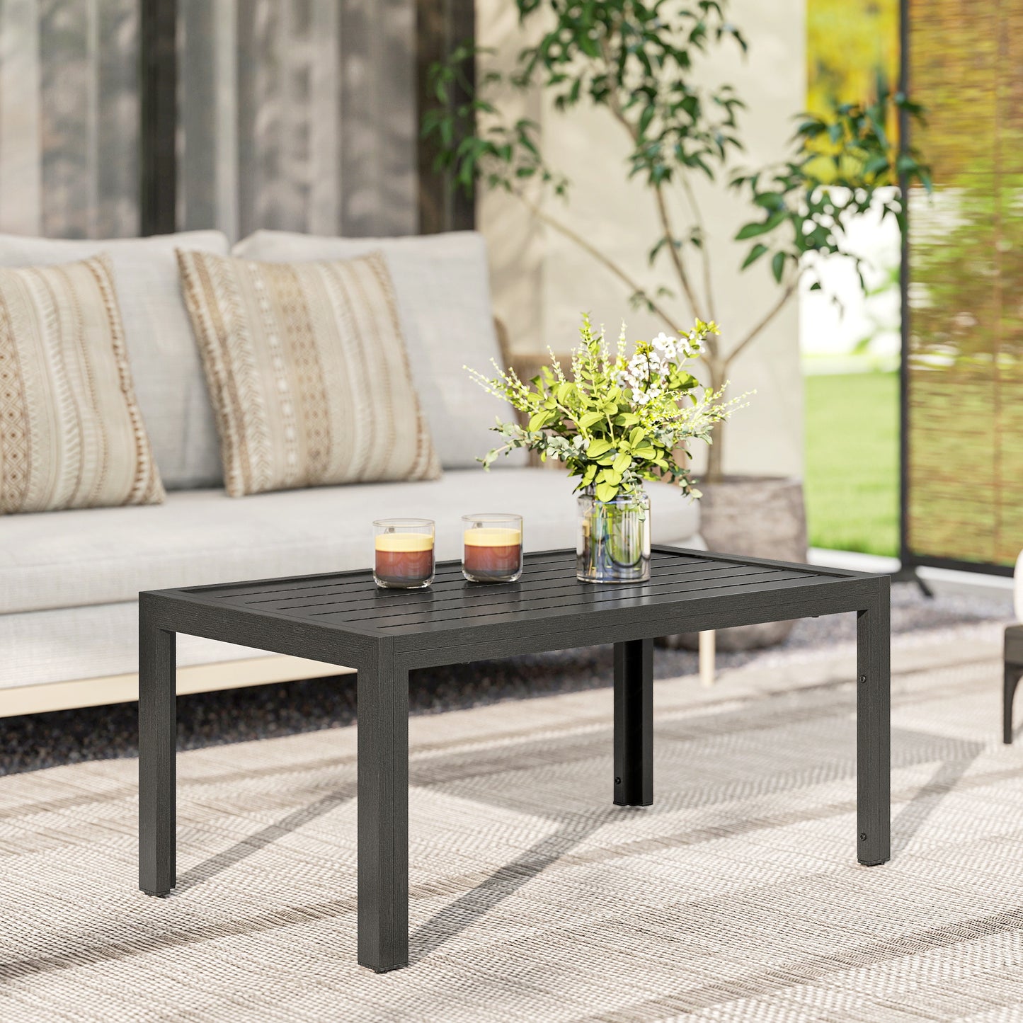 Outsunny Outdoor Rectangular Side Table With Steel Frame And Slat Tabletop For Garden Balcony Grey