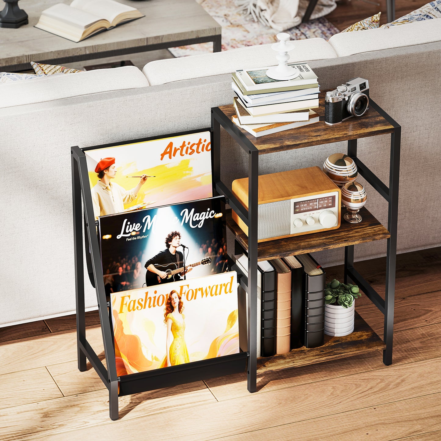 HOMCOM 3 Tier Record Player Stand End Table for Living Room and Bedroom Rustic Brown