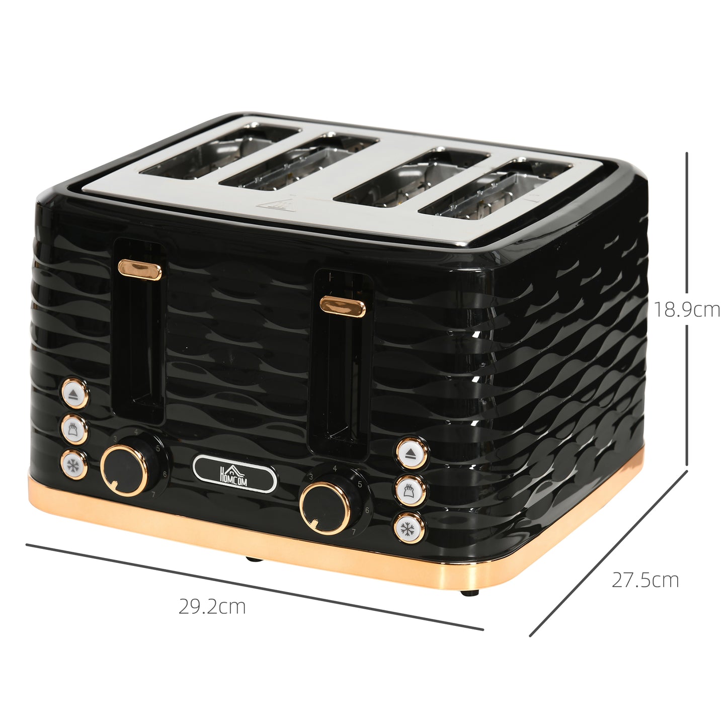 HOMCOM Four Slice Rippled Toaster Black With Seven Toasting Levels And Automatic Centering For Even Toasting