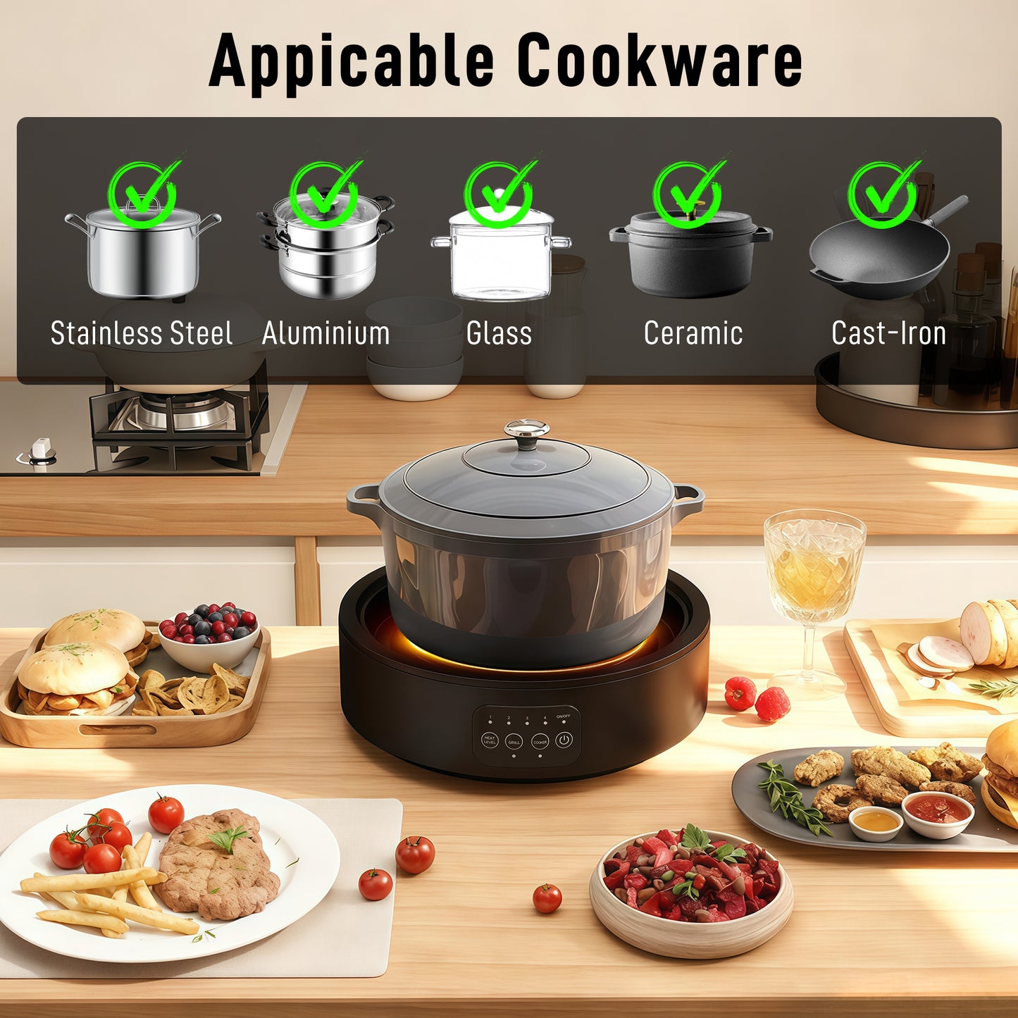 HOMCOM Electric Ceramic Hob With Grill Plate Dual Mode 36cm Plug In Hot Plate With 4 Heat Levels For All Type Pots