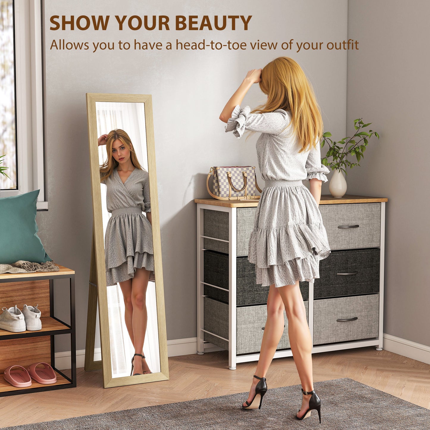 HOMCOM Full Length Mirror 37 x 157 cm Natural Wood Effect Standing Mirror for Bedroom
