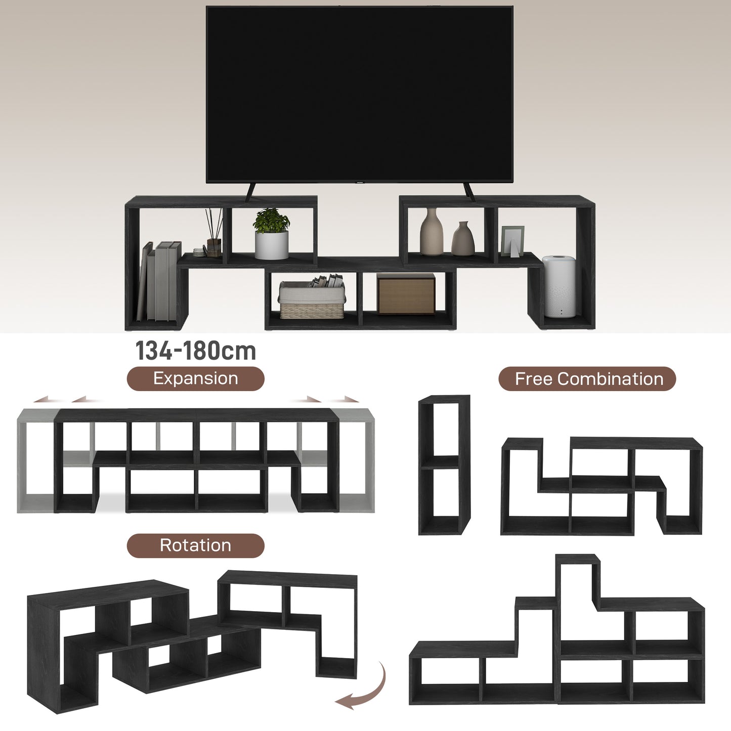 HOMCOM Three Block Modular TV Stand Black Wood Effect with Six Shelves for Up to 75 Inch Screens
