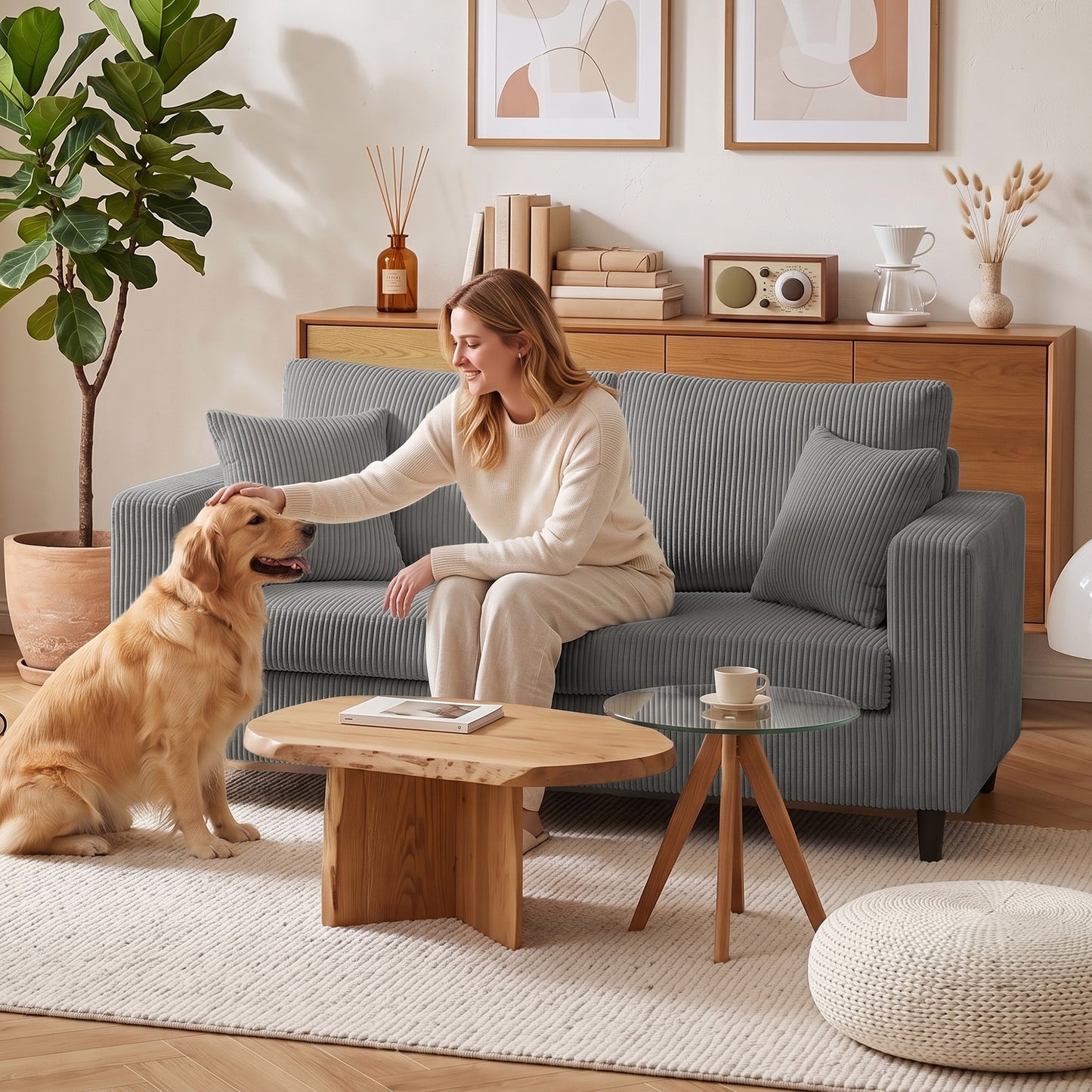 HOMCOM Corduroy Loveseat Sofa 2 Seater With Wide Deep Seat And Spring Cushion In Light Grey