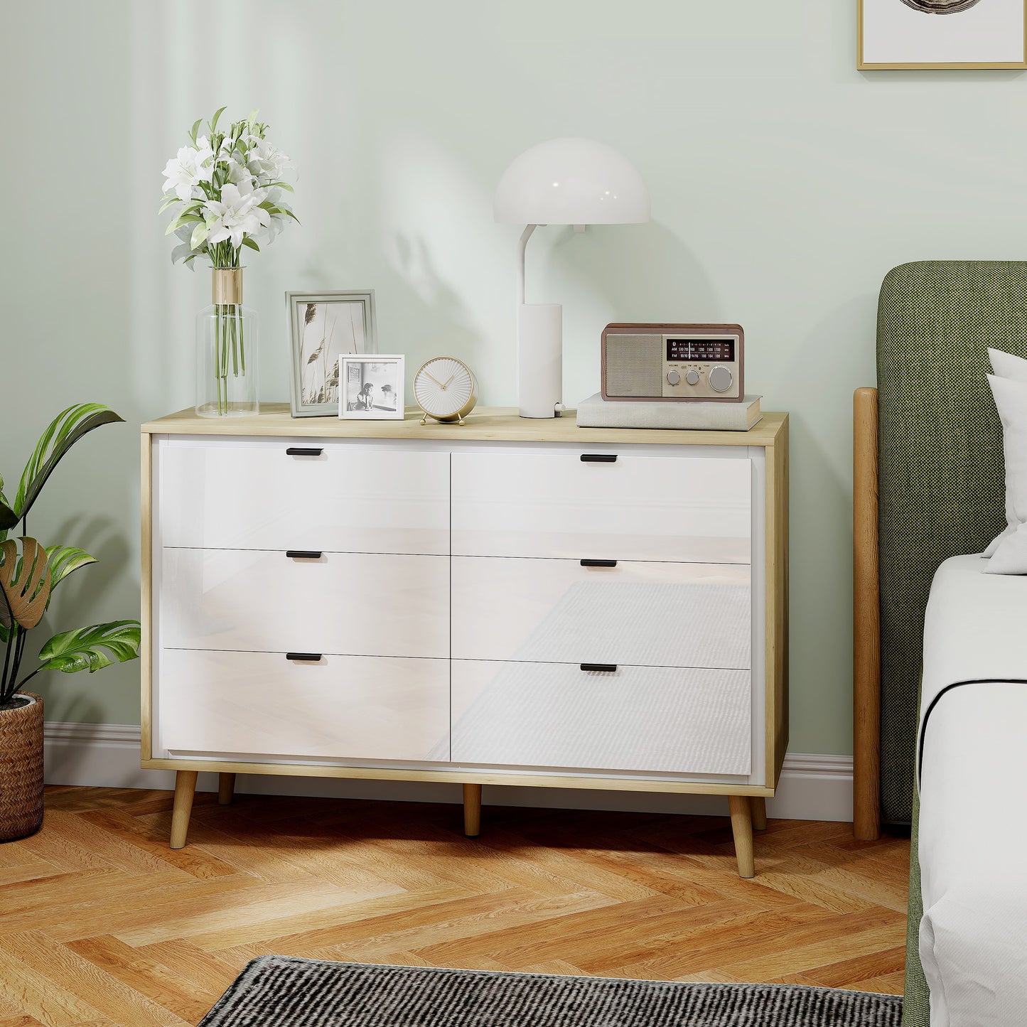 HOMCOM White High Gloss Chest of Drawers with Six Drawers and Five Legs for Bedroom