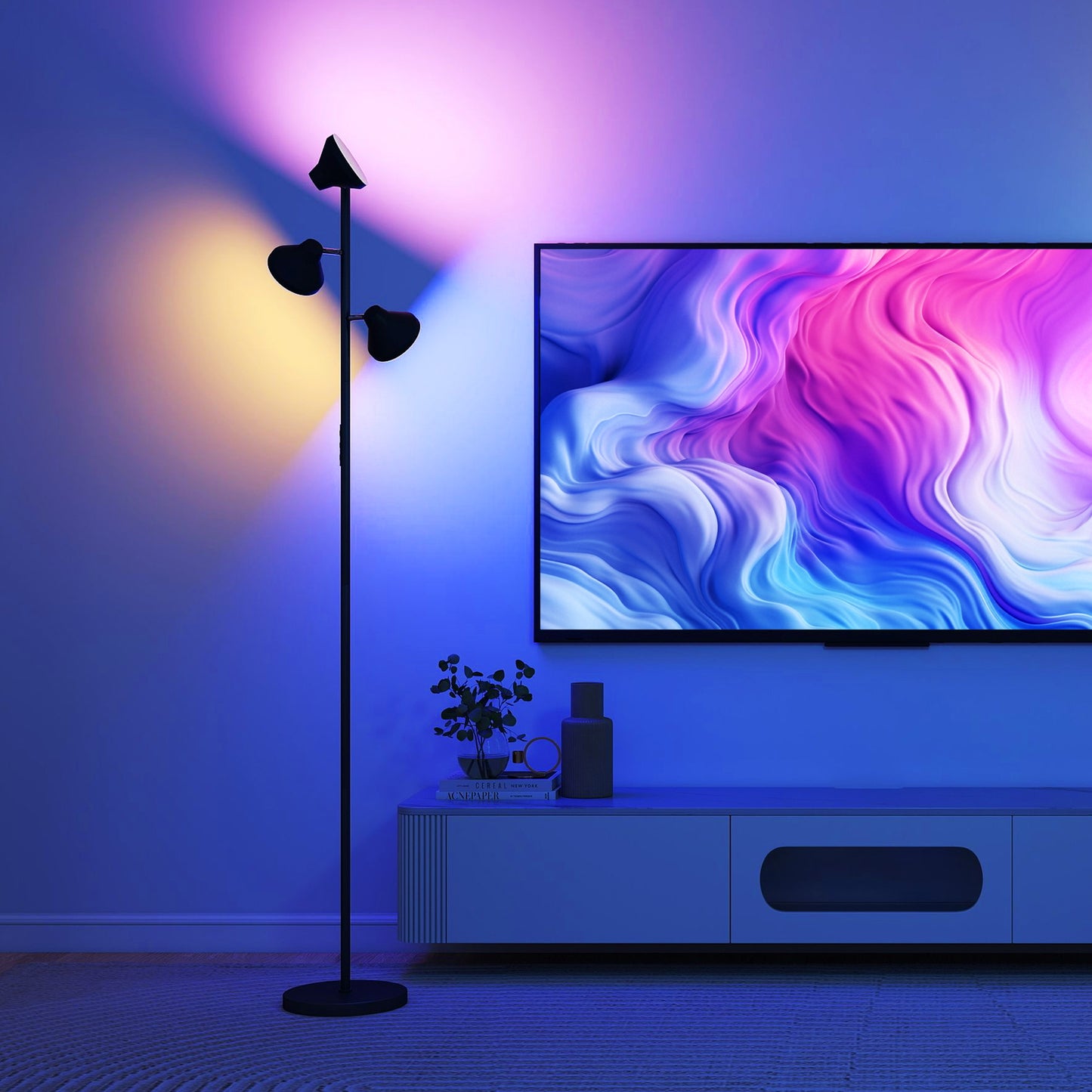 HOMCOM Three Lamp Floor Lamp With RGB Colors And Tunable White 2700K To 6000K Nine Scene Modes Timer Black