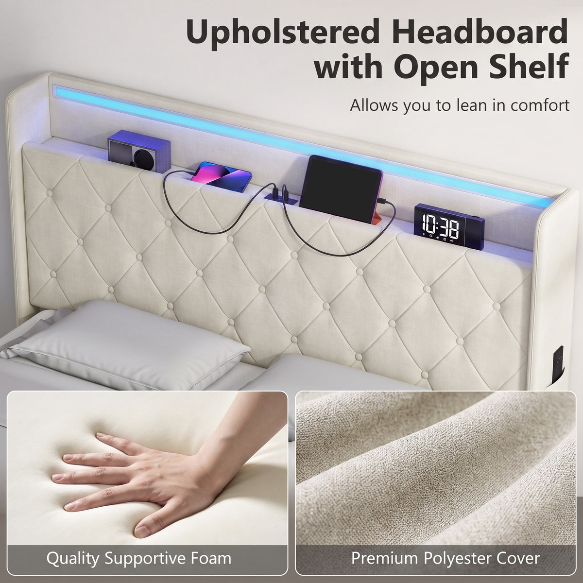 Homcom 4ft6 Double Bed Frame With Hydraulic Storage Led Lights Charging Cream