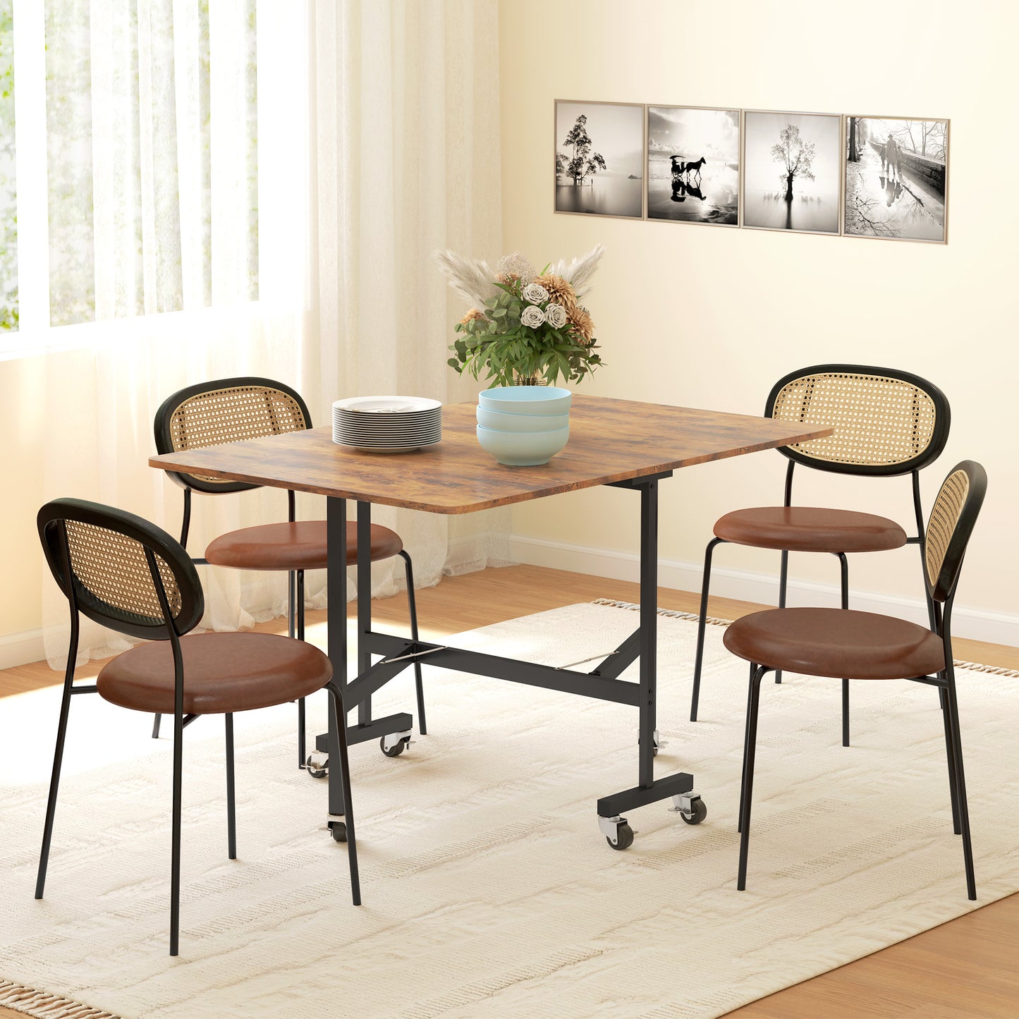 HOMCOM Six Seater Drop Leaf Dining Table With Wheels And Brakes Brown Wood Effect