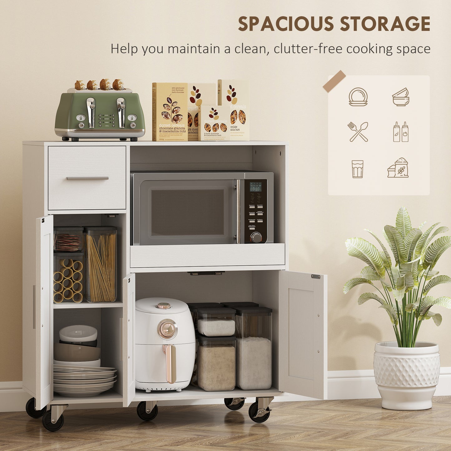 HOMCOM Rolling Kitchen Cart Microwave Cabinet With Sliding Tray Drawer And Three Door Cupboards White
