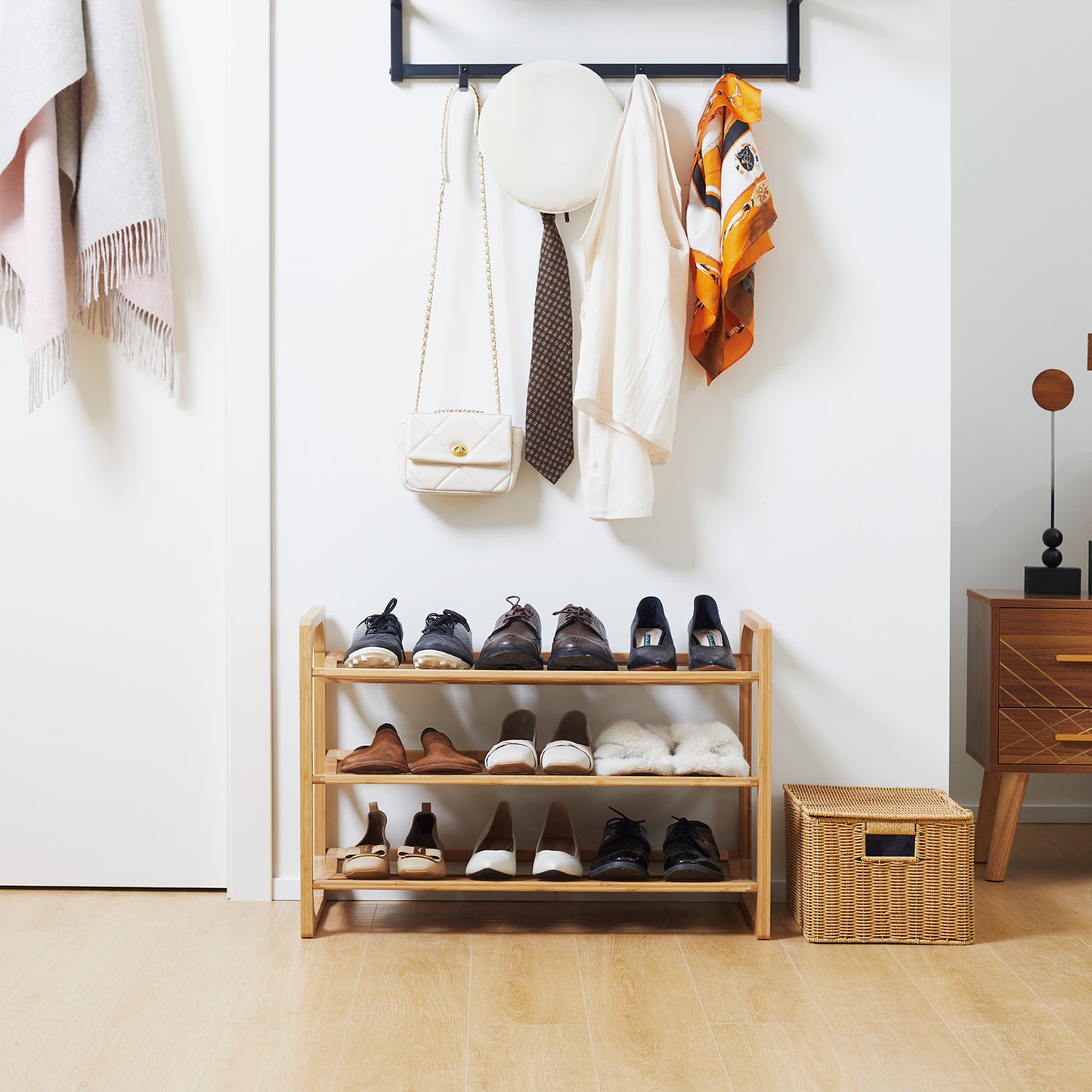 HOMCOM Three Tier Bamboo Shoe Rack With Slatted Shelves Free Standing Organizer For Nine Pairs Of Shoes Natural